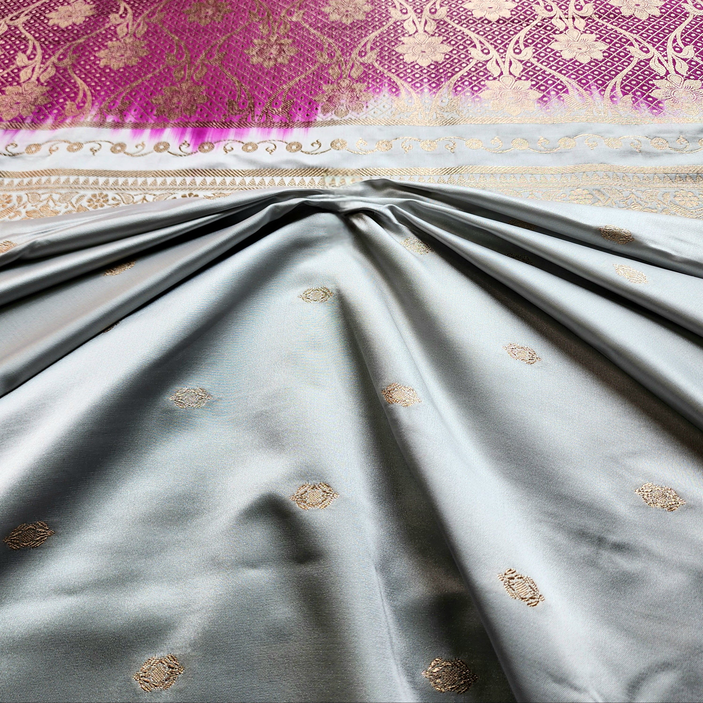 Powder Blue Katan Silk Saree with Purple and Gold Zari Border
