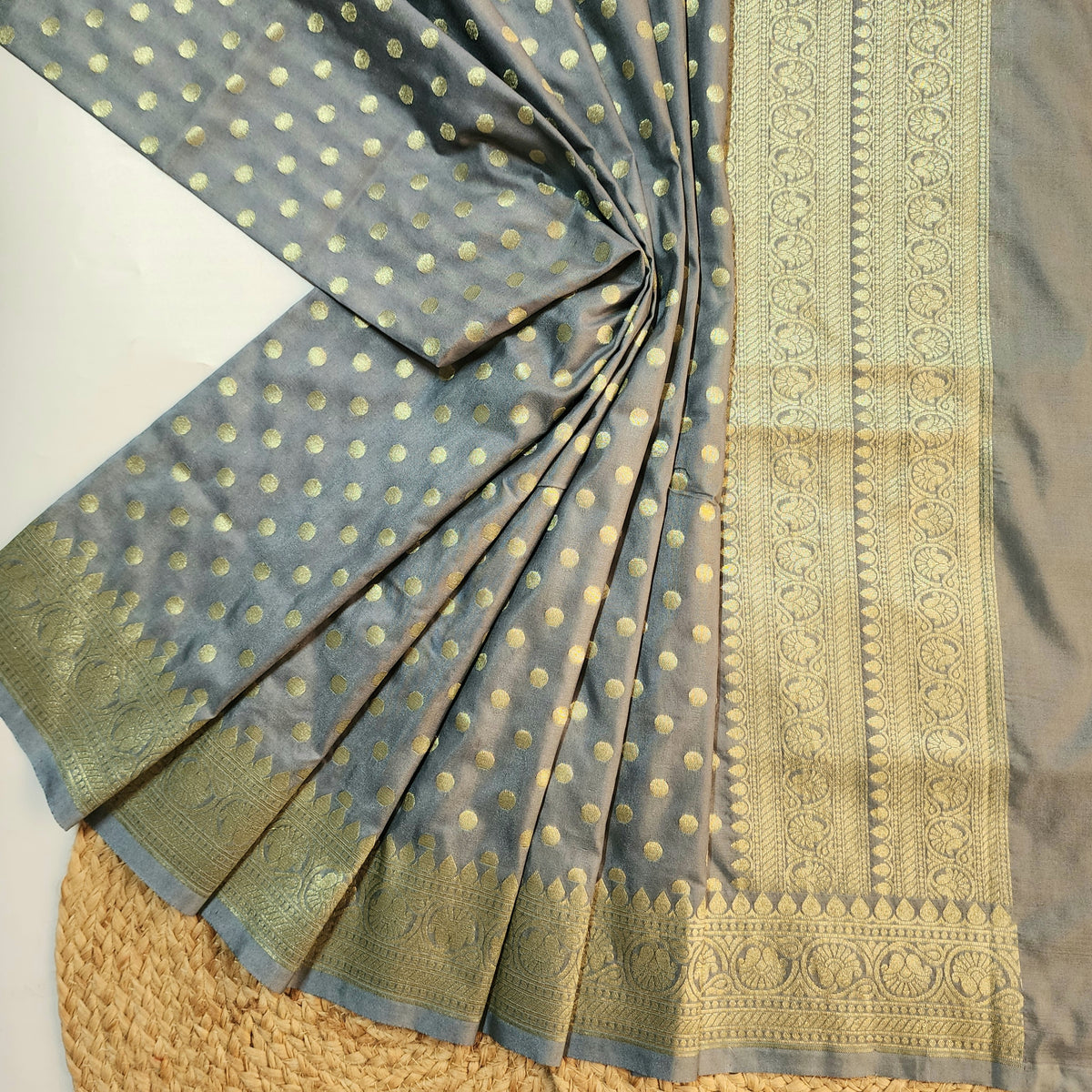 Slate Blue Banarasi Silk Dupatta with Gold Polka Dot