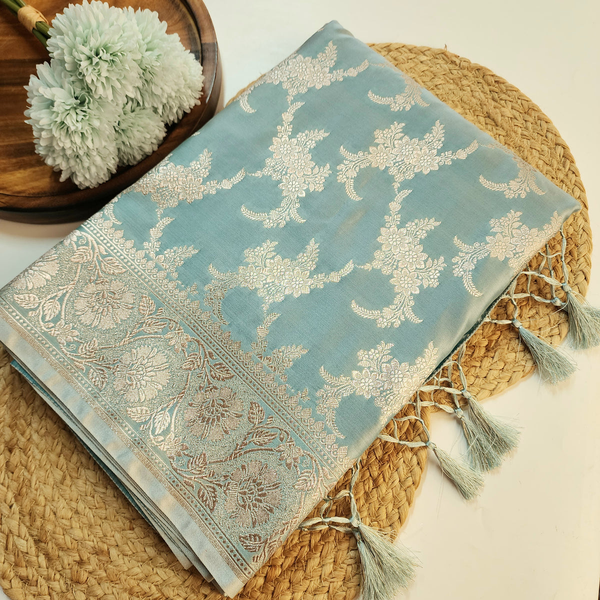 Dusty Blue Banarasi Katan Silk Saree with Floral Vine Jaal