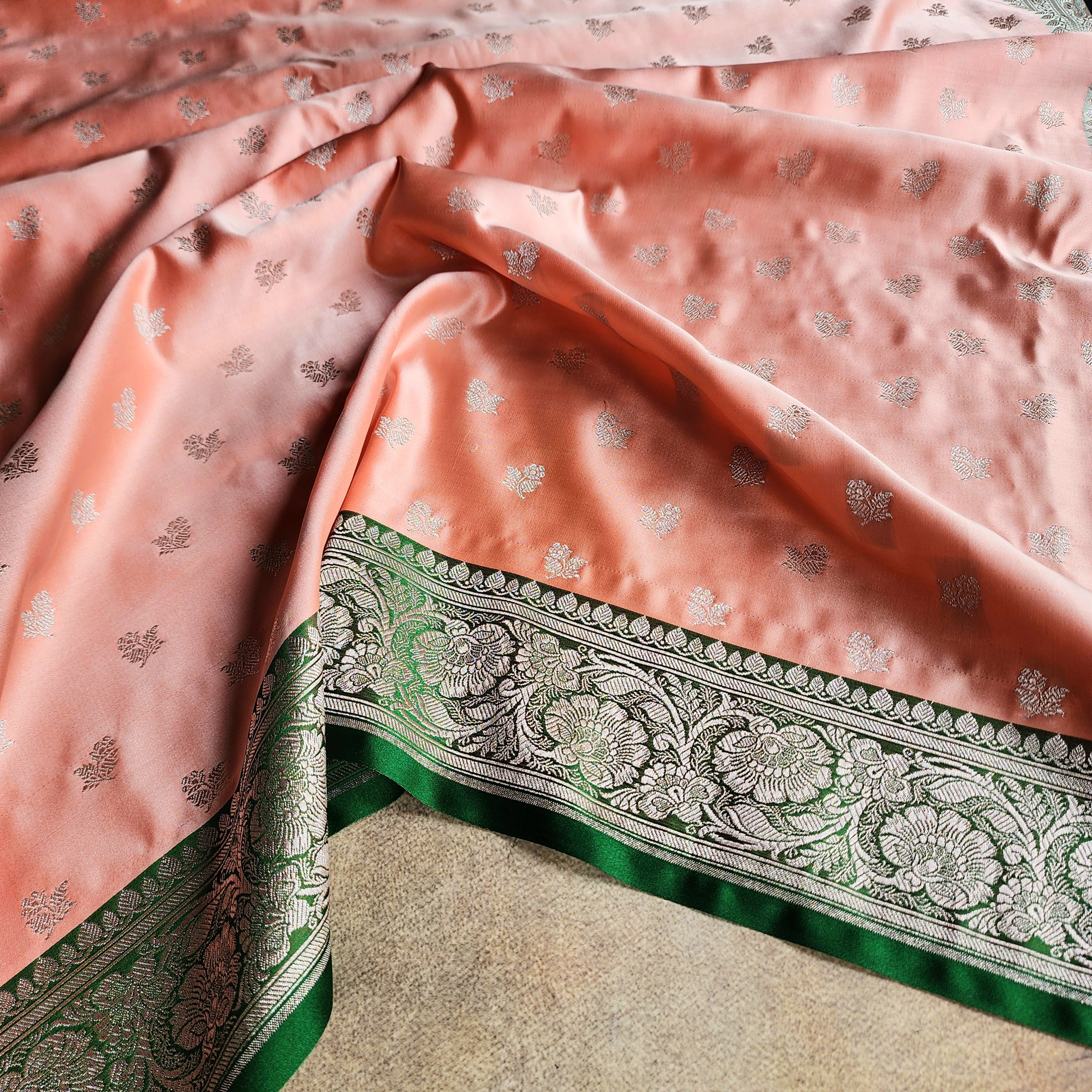 Peach Pure Banarasi Katan Silk Saree with light Gold Zari Weaving