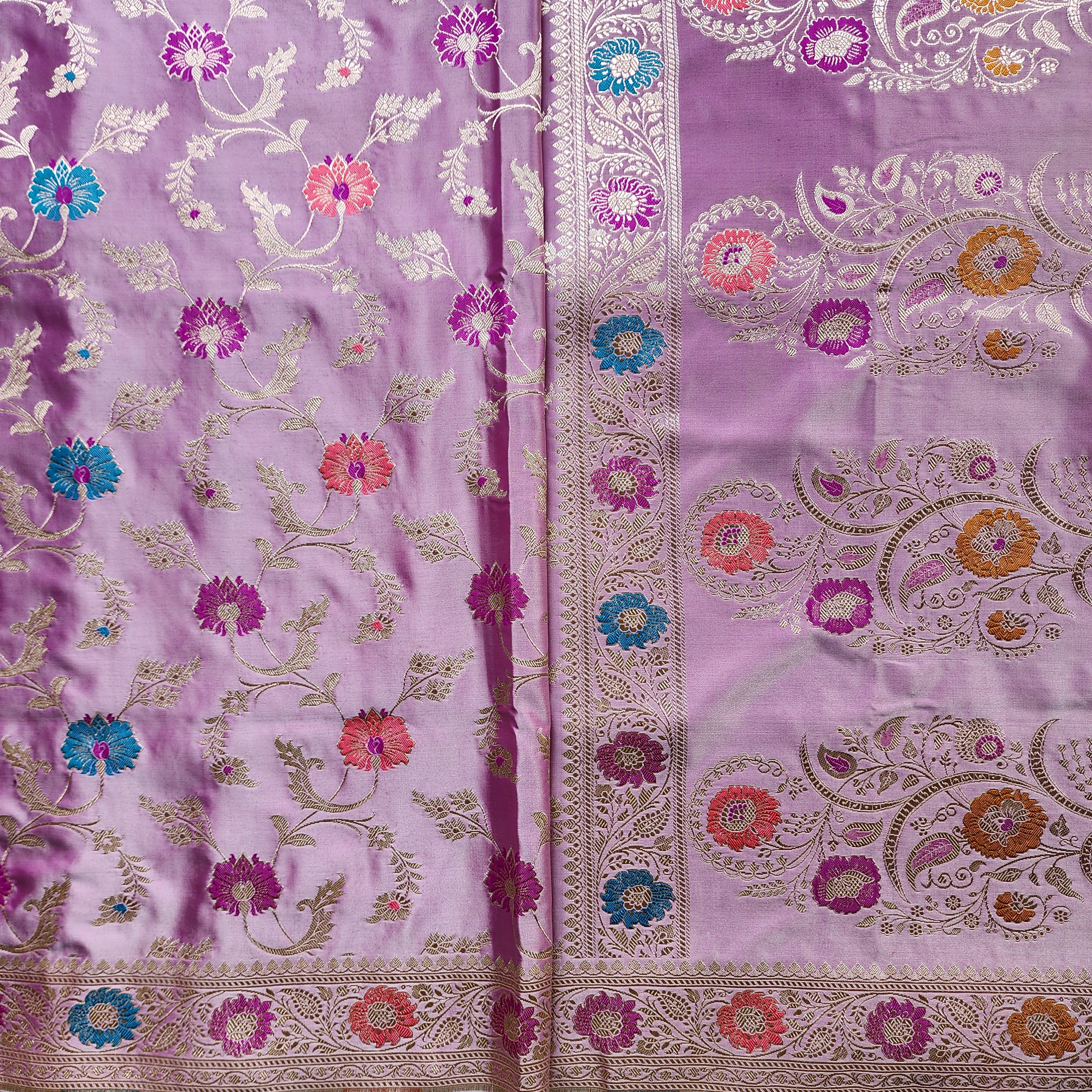 Enriched Banarasi Katan Silk Saree | Soft Lavender Pink Multicolor Meenakari Floral Jaal