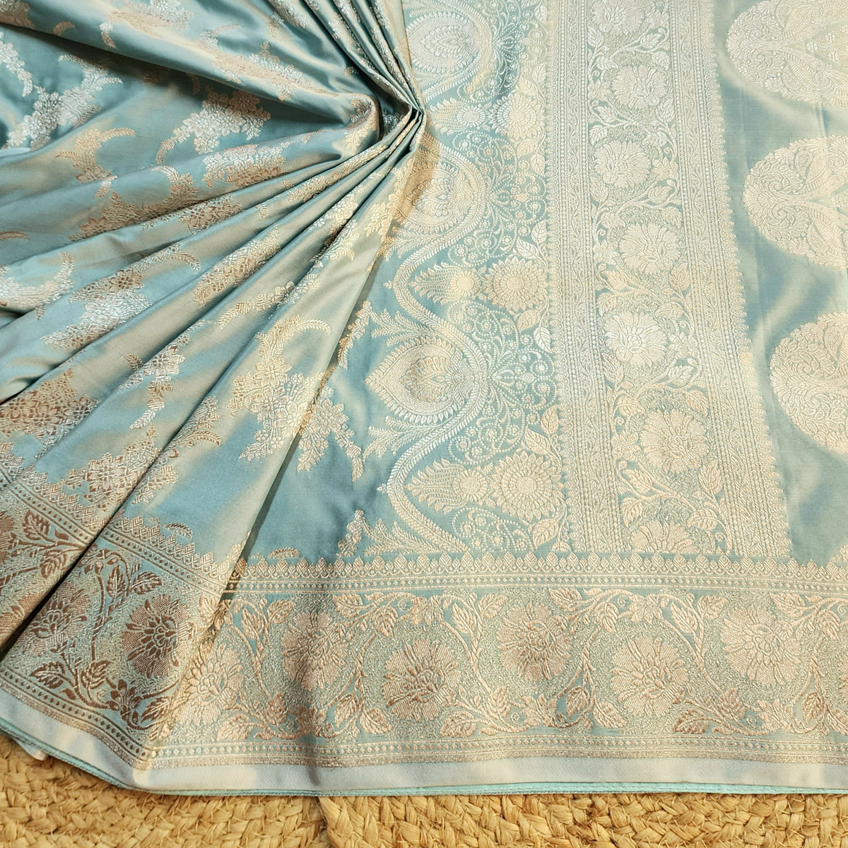 Dusty Blue Banarasi Katan Silk Saree with Floral Vine Jaal