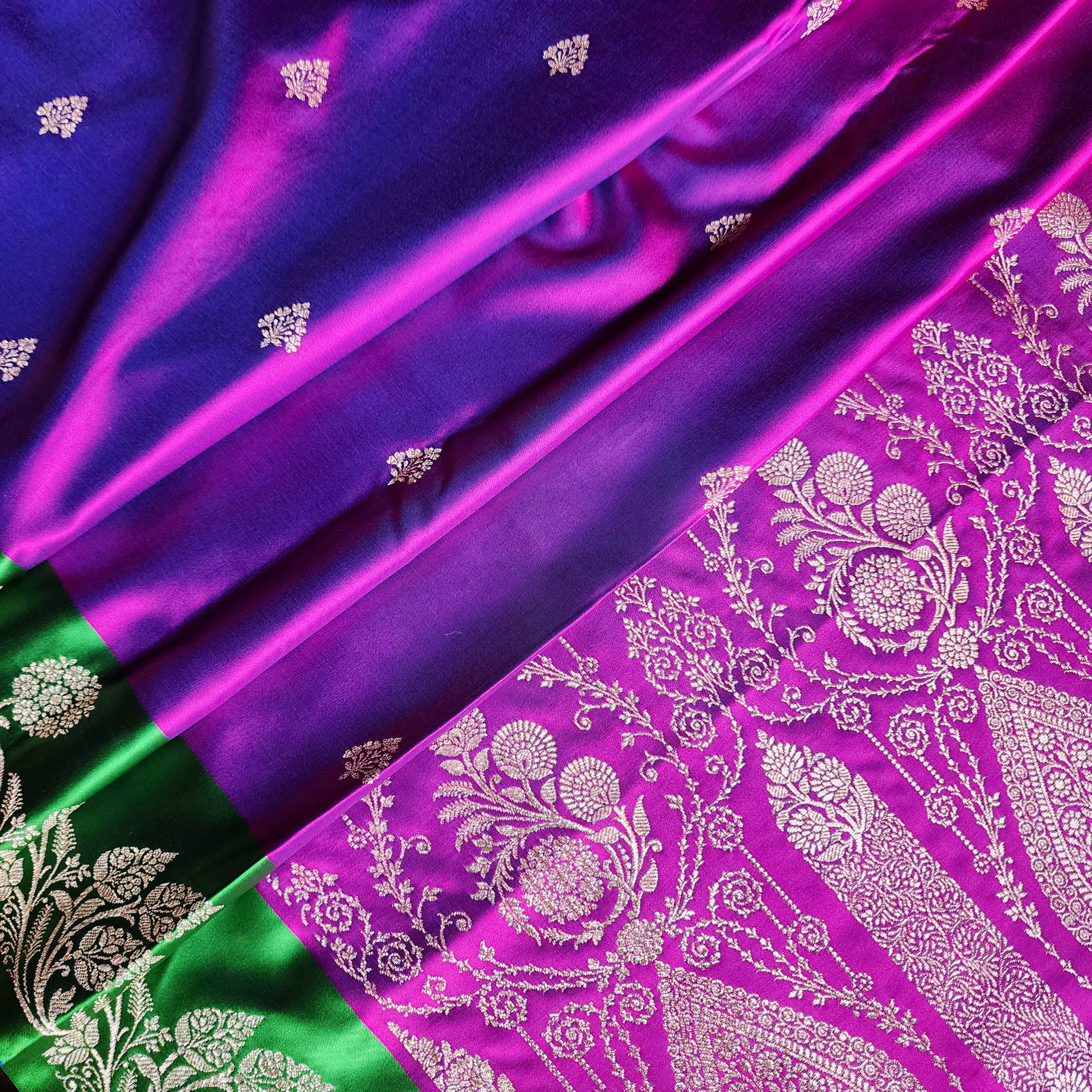 Royal Purple Pure Banarasi Katan Silk Saree with Leaf Green Border