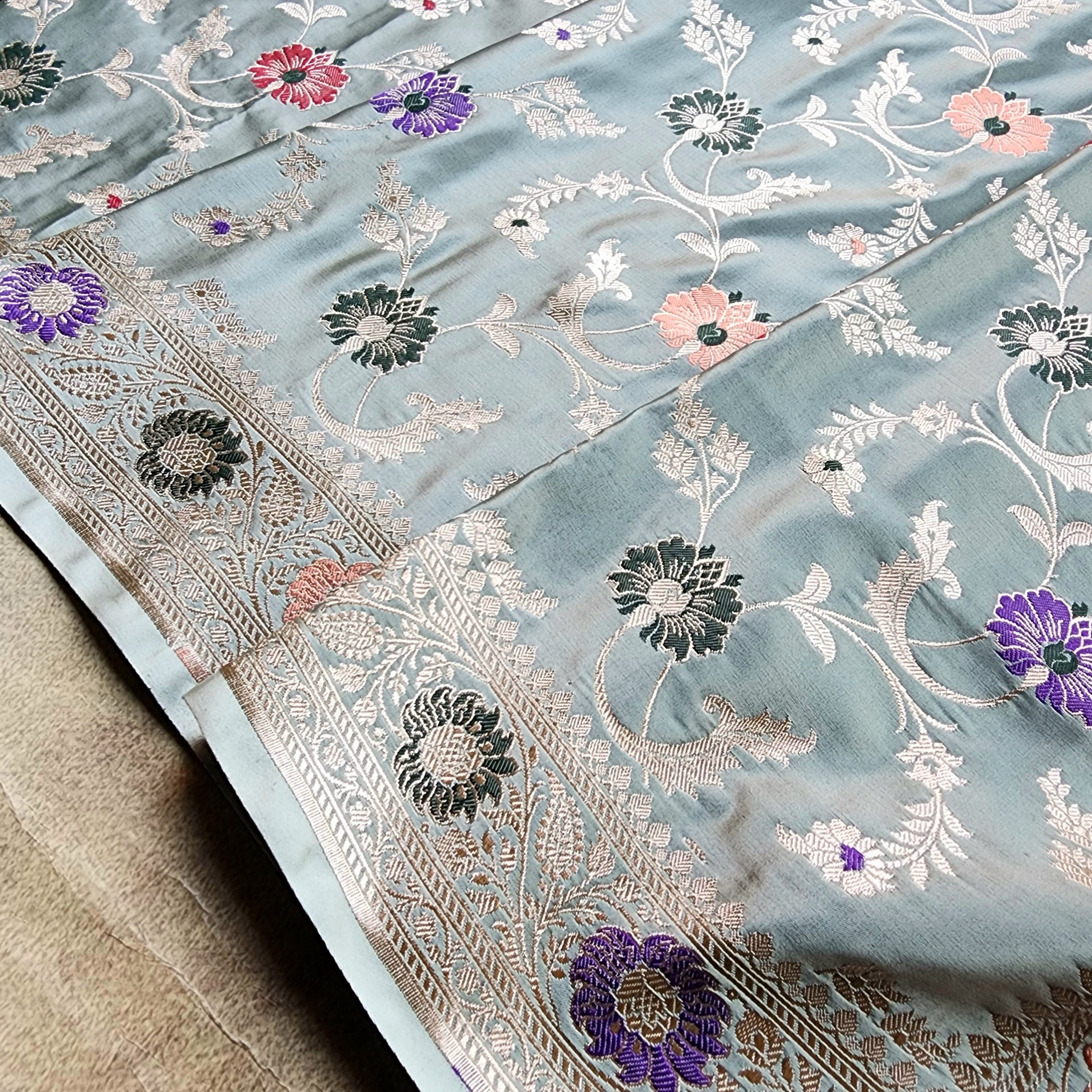 Enriched Banarasi Katan Silk Saree | Sea Green Multicolor Meenakari Floral Jaal