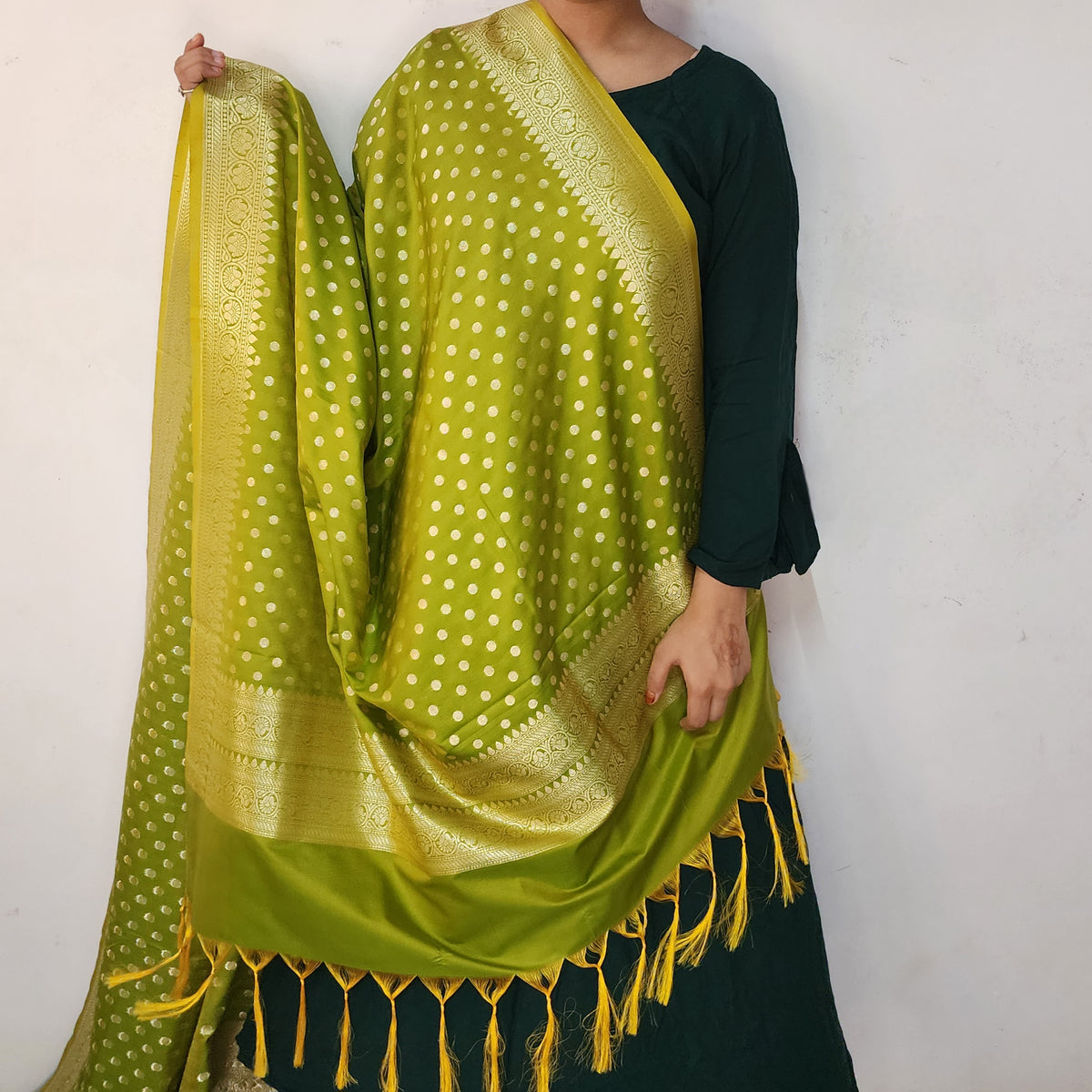 Olive Green Banarasi Silk Dupatta with Gold Polka Dot
