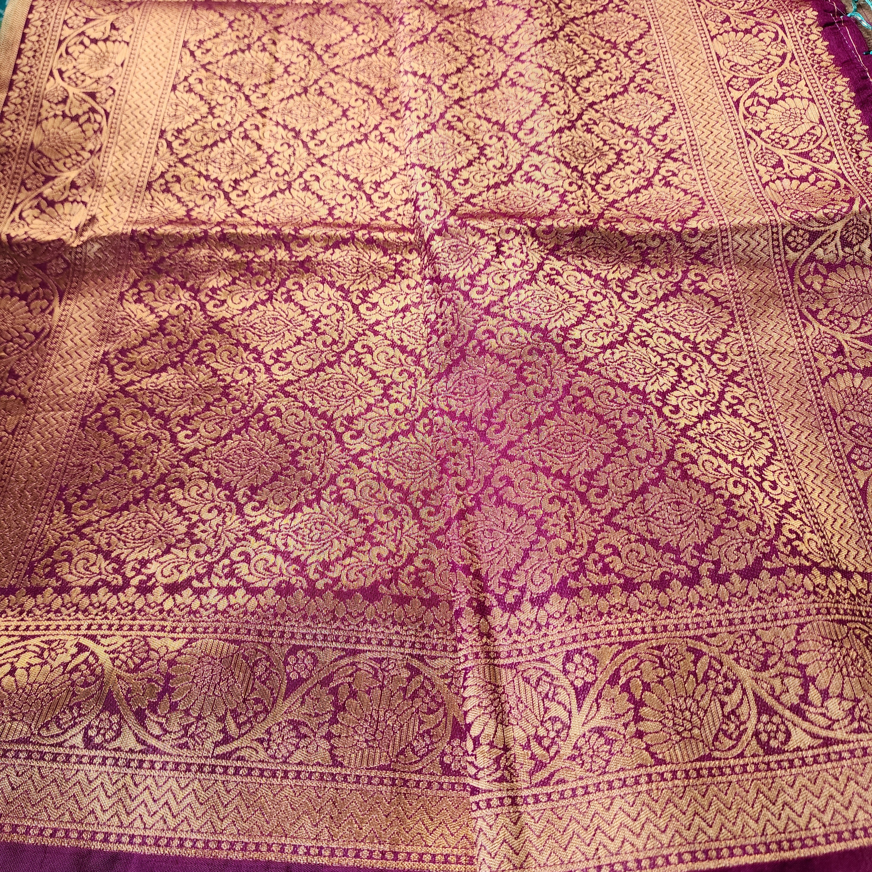 Turquoise Dupion Patola with Maroon-Gold Border & Heavy Gold Zari
