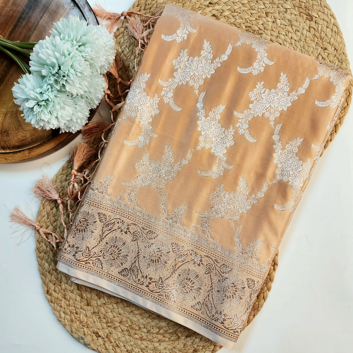 Peach Beige Banarasi Katan Silk Saree with Floral Vine Jaal