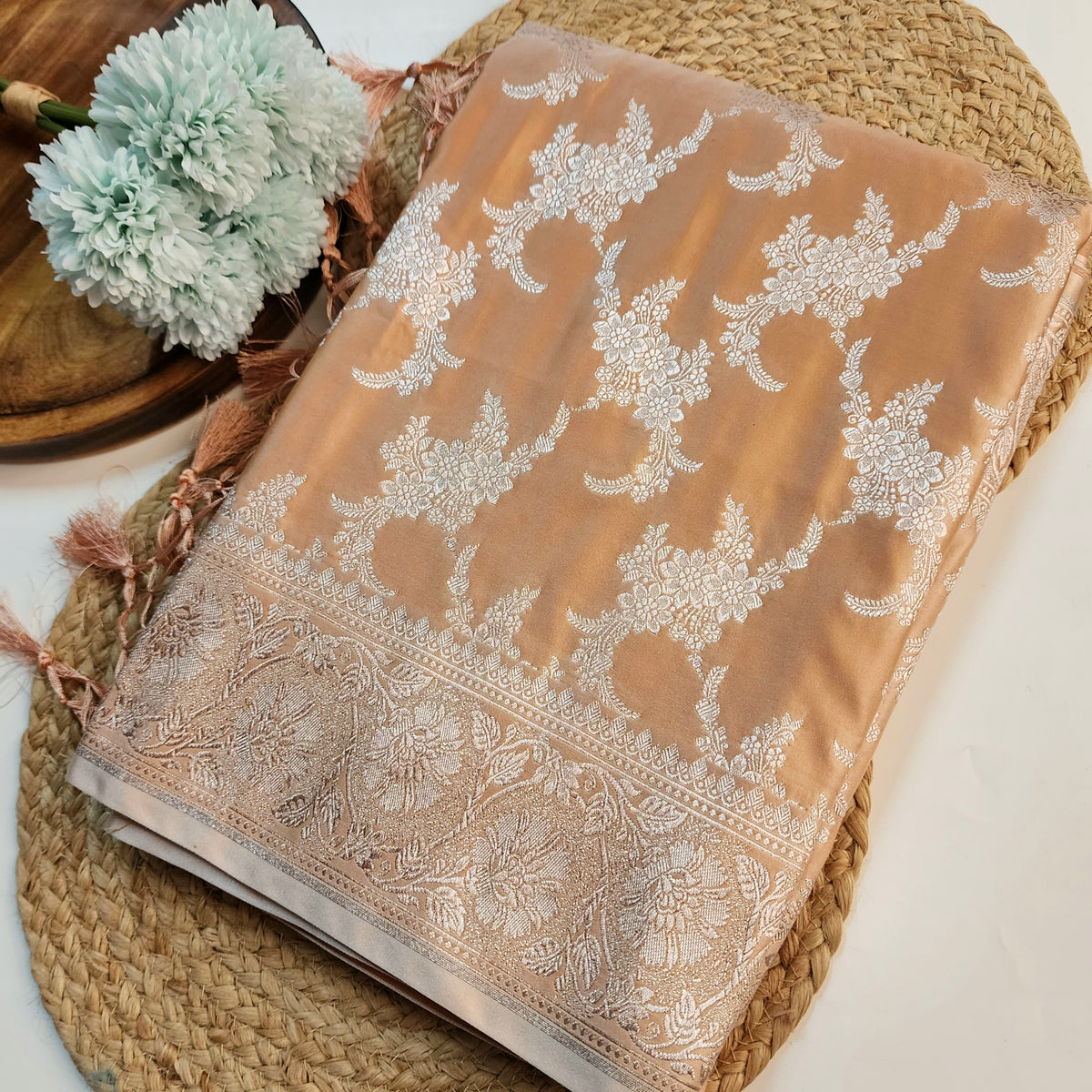 Peach Beige Banarasi Katan Silk Saree with Floral Vine Jaal