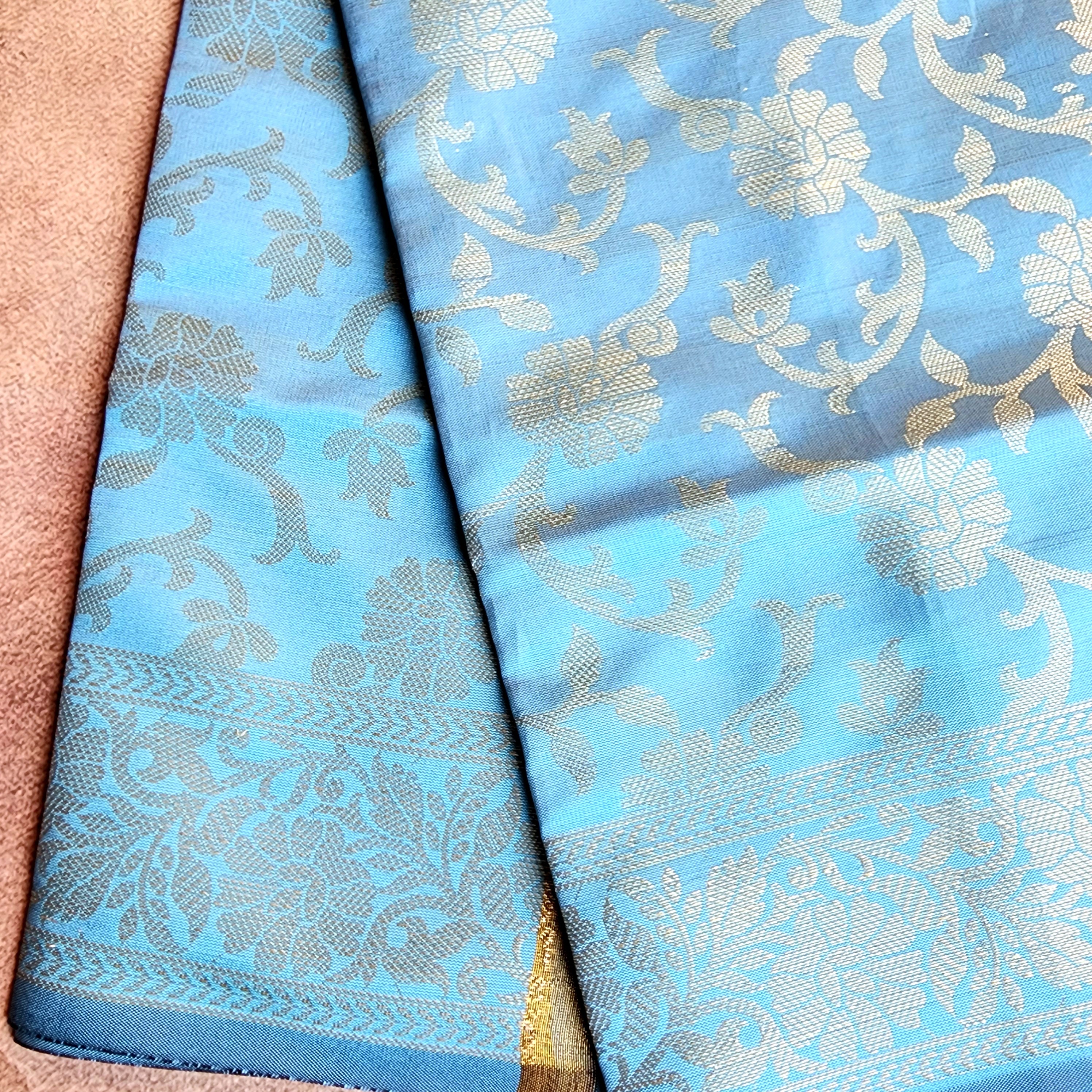 Aqua Blue Banarasi Tapetta Silk Dupatta with Gold Floral Weave