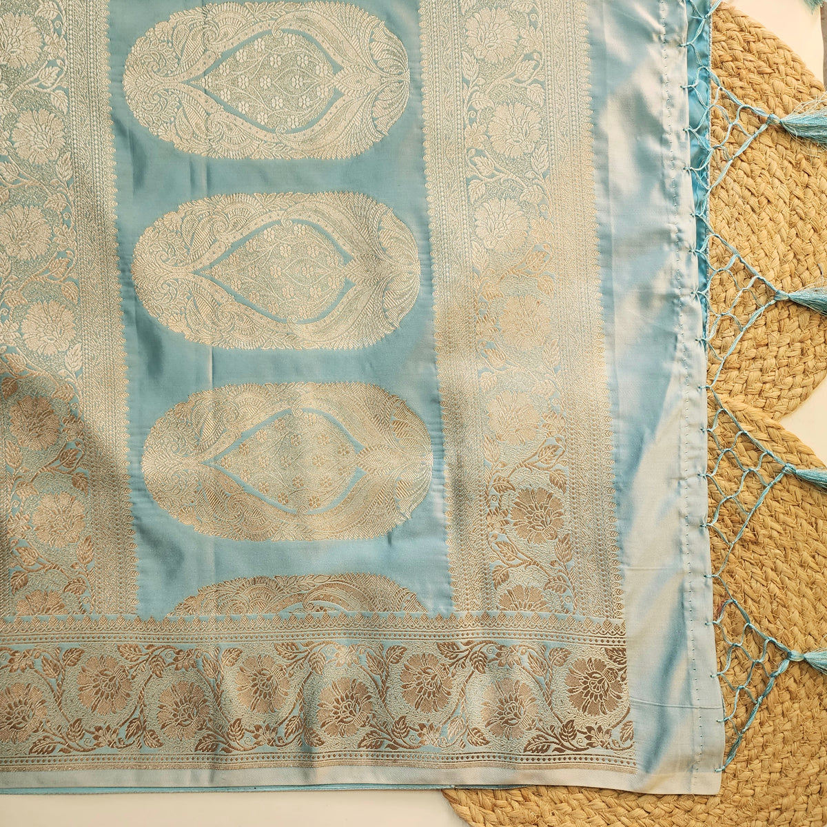 Powder Blue Banarasi Katan Silk Saree with Floral Vine Jaal