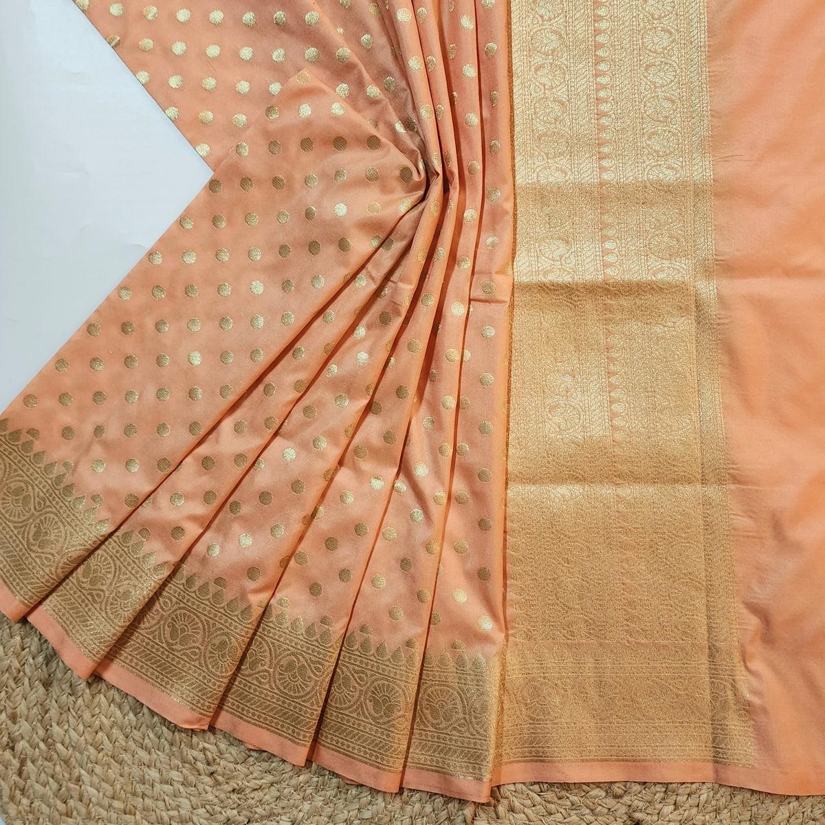 Peach Banarasi Silk Dupatta with Gold Polka Dot
