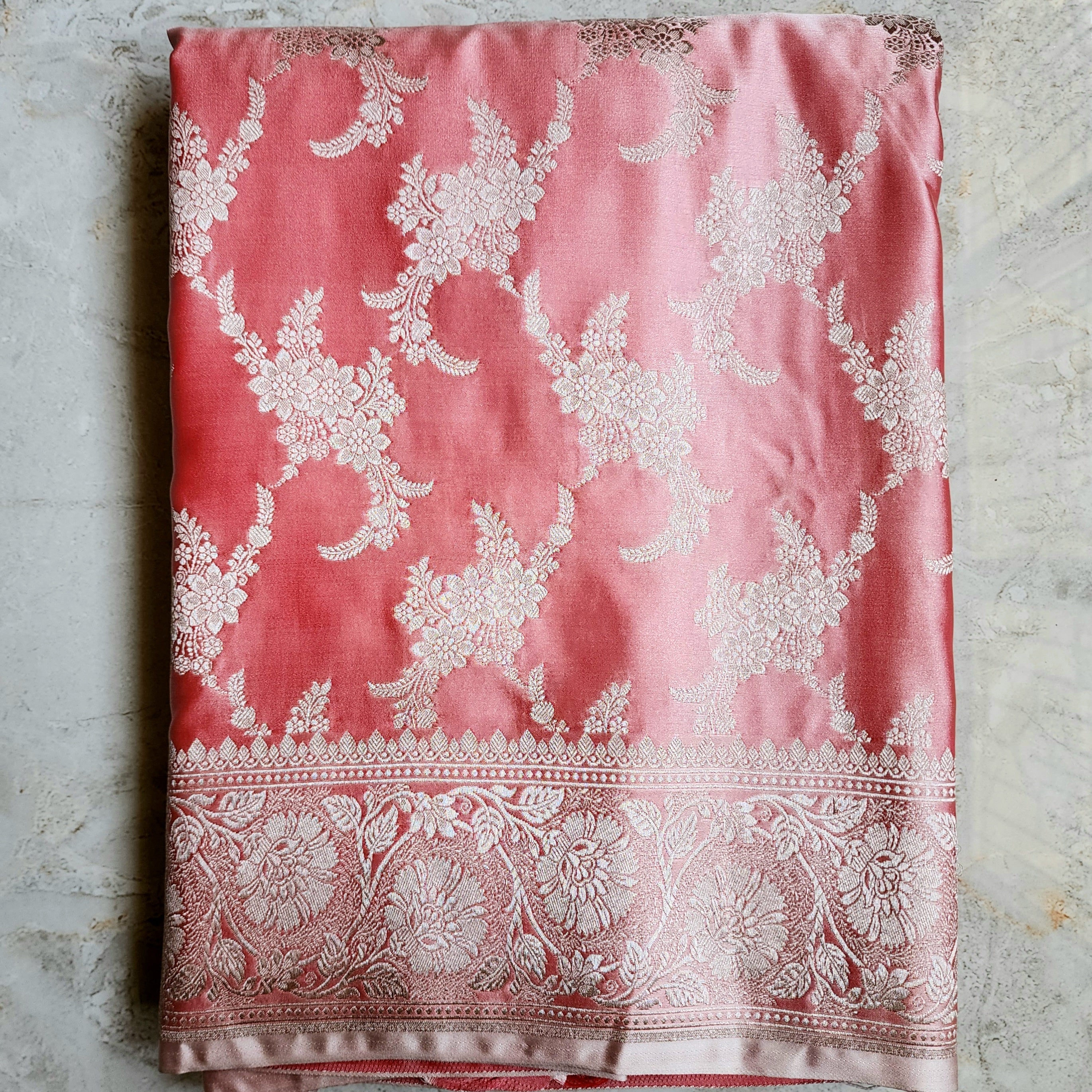 Blush Coral Banarasi Katan Silk Saree with Floral Vine Jaal