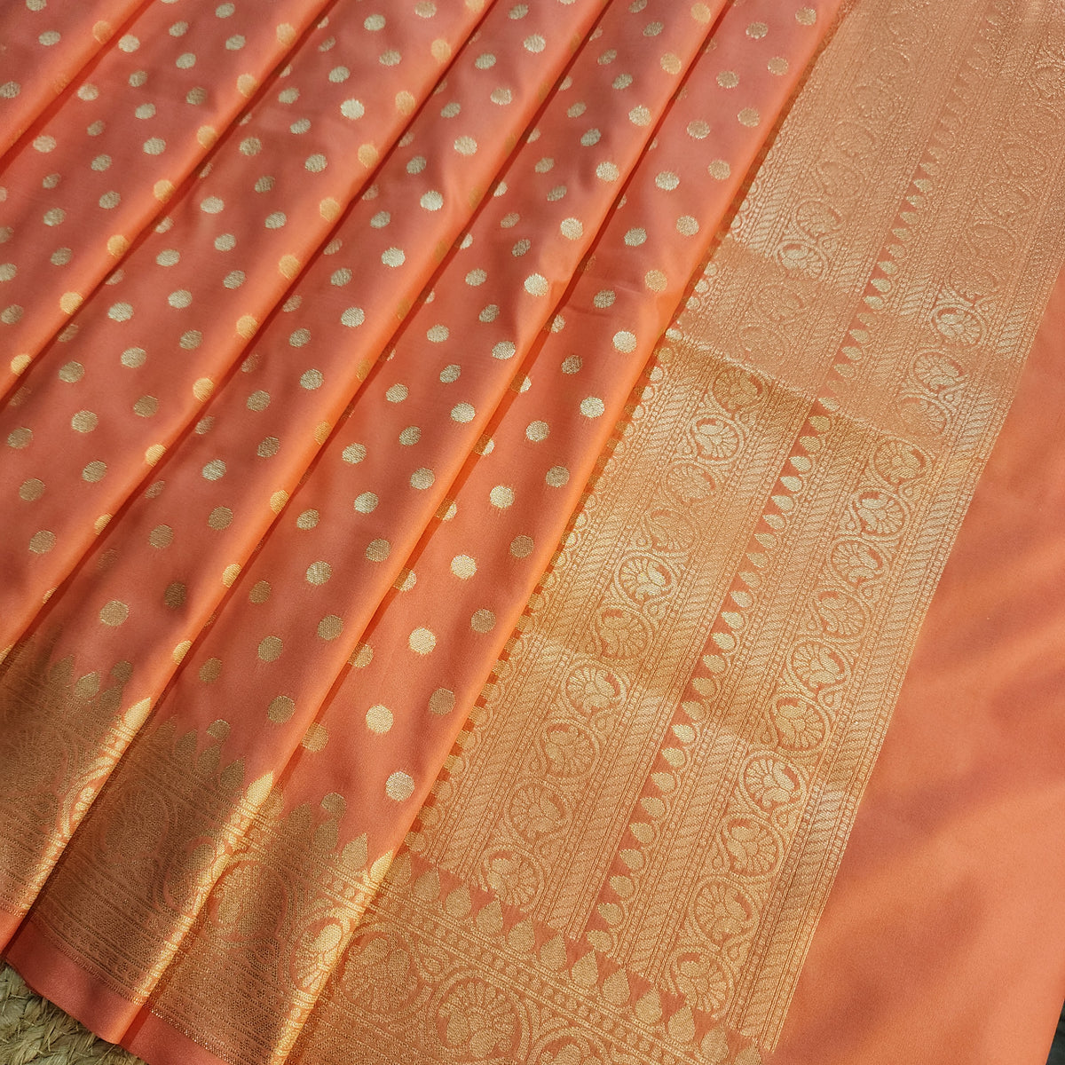 Coral Peach Banarasi Silk Dupatta with Gold Polka Dot