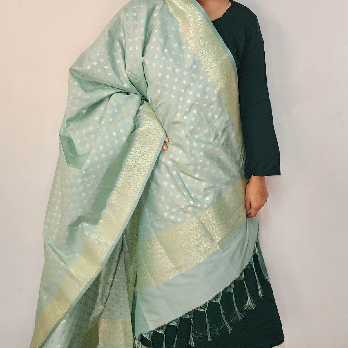 Aqua Blue Banarasi Silk Dupatta with Gold Polka Dot
