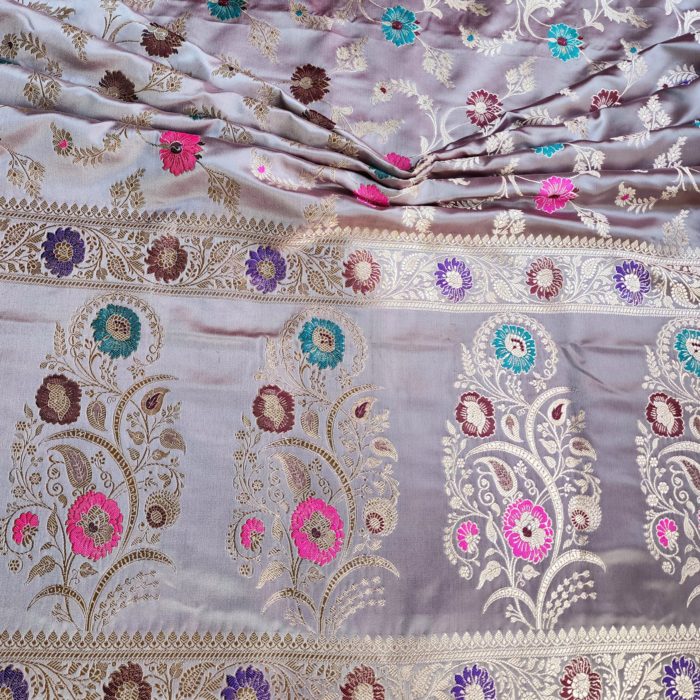 Enriched Banarasi Katan Silk Saree | Lavender Mist Multicolor Meenakari Floral Jaal