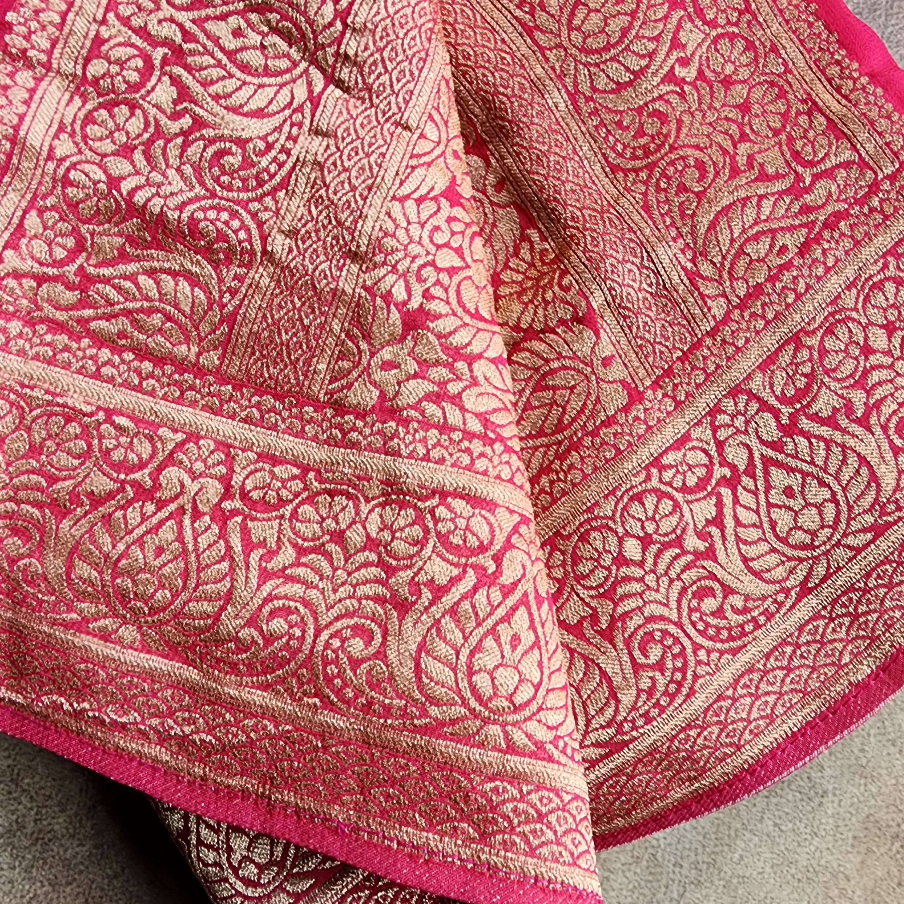 Radish Pink Khaddi Georgette Pure Banarasi Saree with Golden Zari