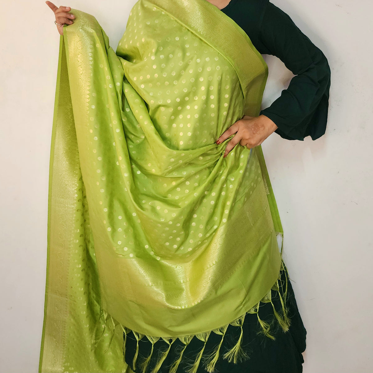 Lime Green Banarasi Silk Dupatta with Gold Polka Dot