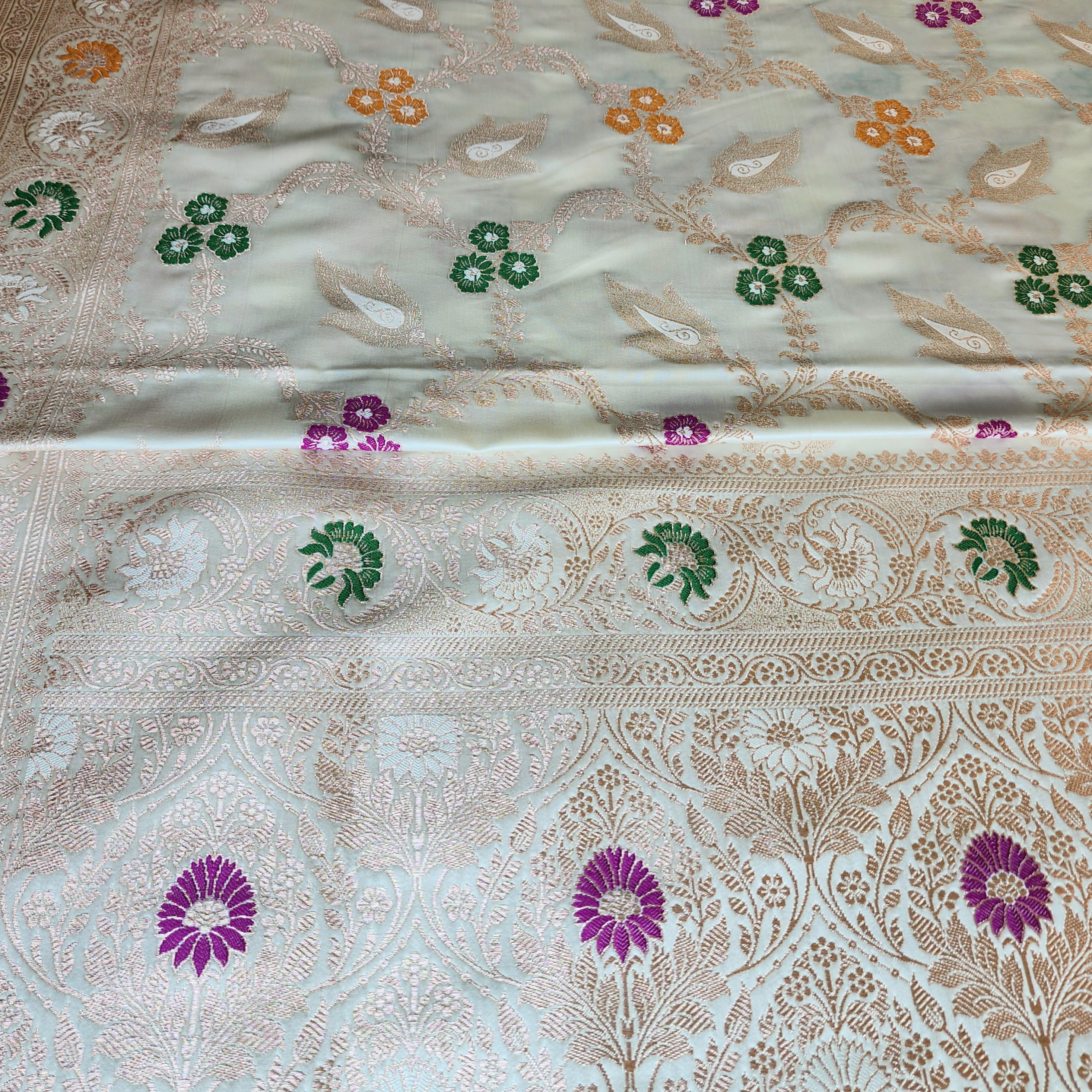Enriched White Banarasi Katan Silk Saree with Multicolor Meenakari Floral Jaal