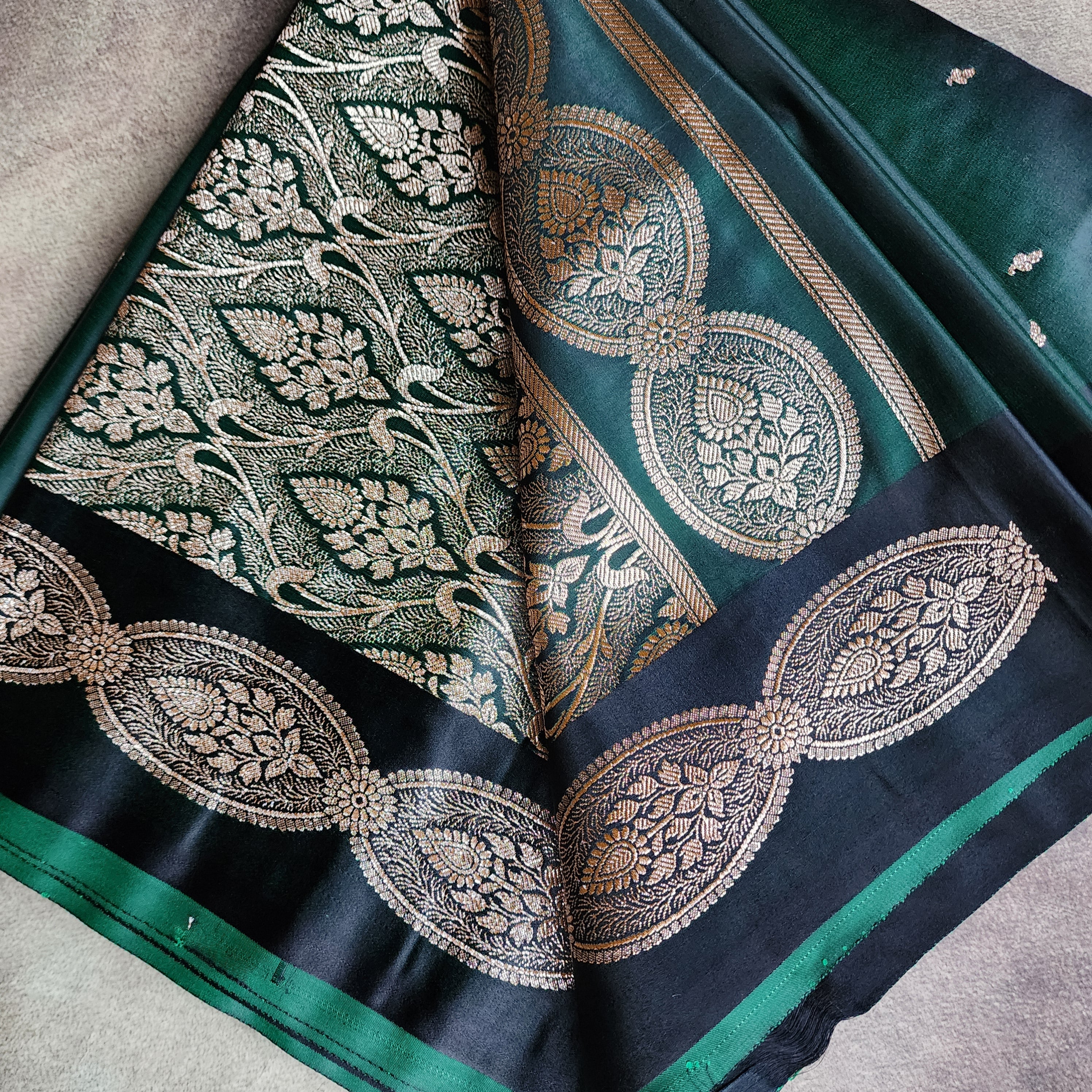 Bottle Green Banarasi Katan Silk Saree with Gold Zari Weaving