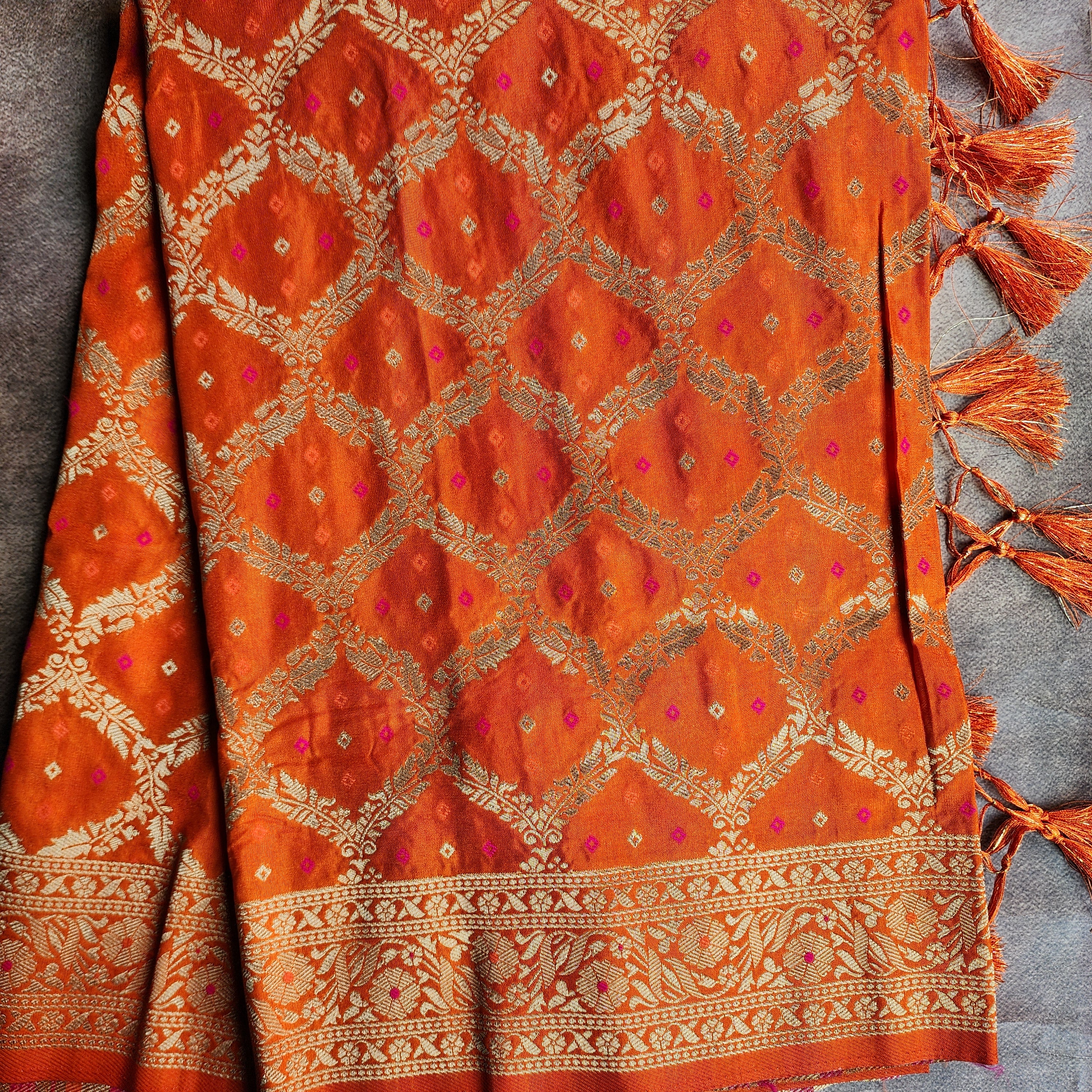 Rust Orange Bandhani Dupatta with Traditional Jaal