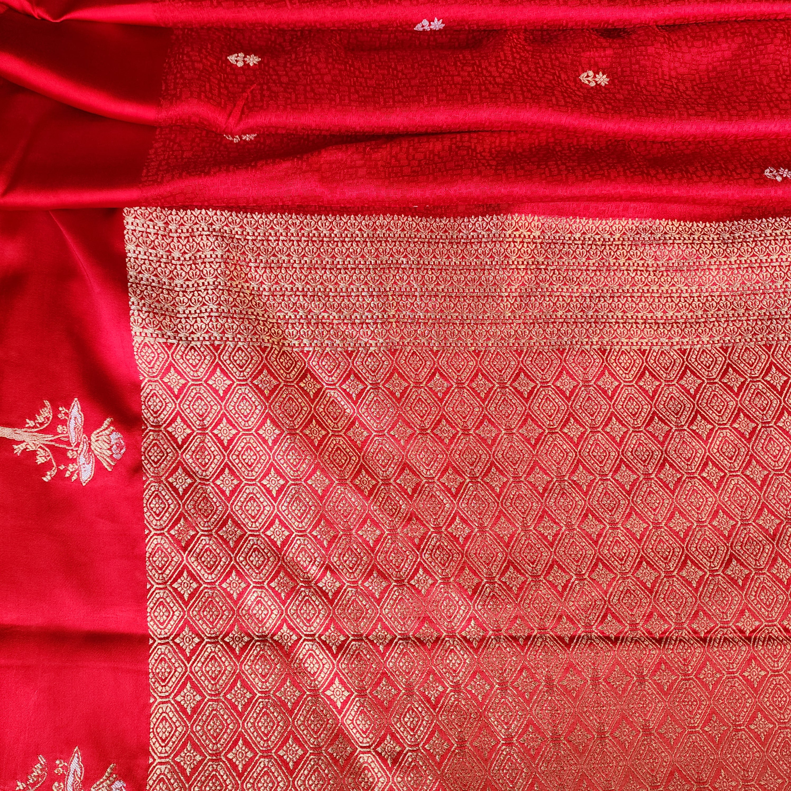 Crimson Red Mashru Tanchoi Saree with Gold Zari