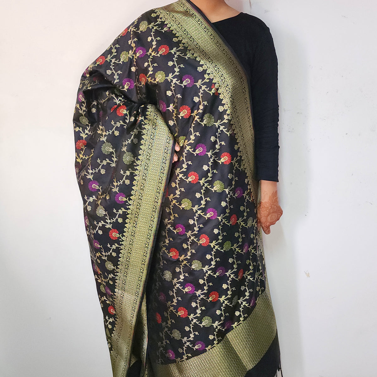 Banarasi Silk Floral Jaal Dupatta - Midnight