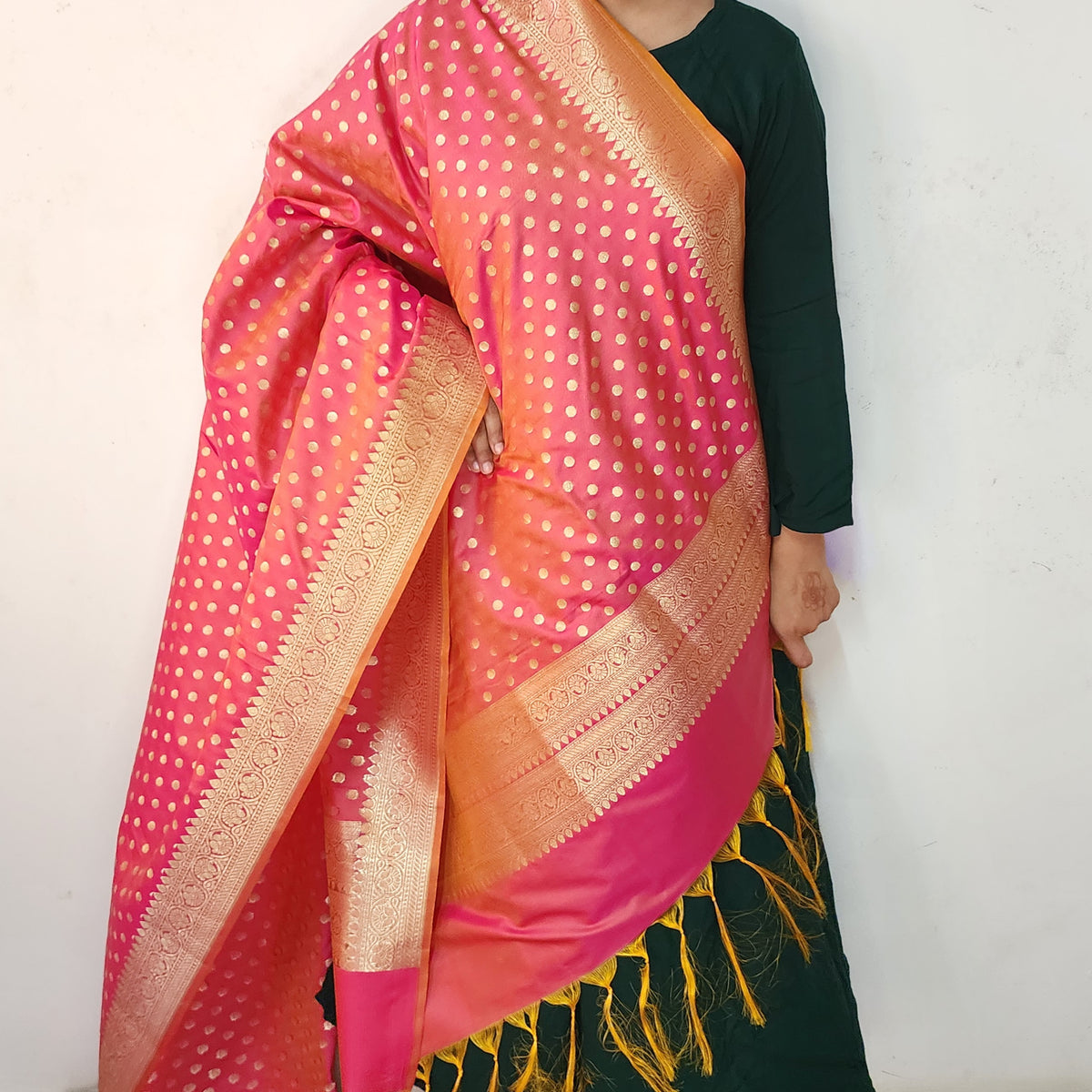 Coral Red Banarasi Silk Dupatta with Gold Polka Dot