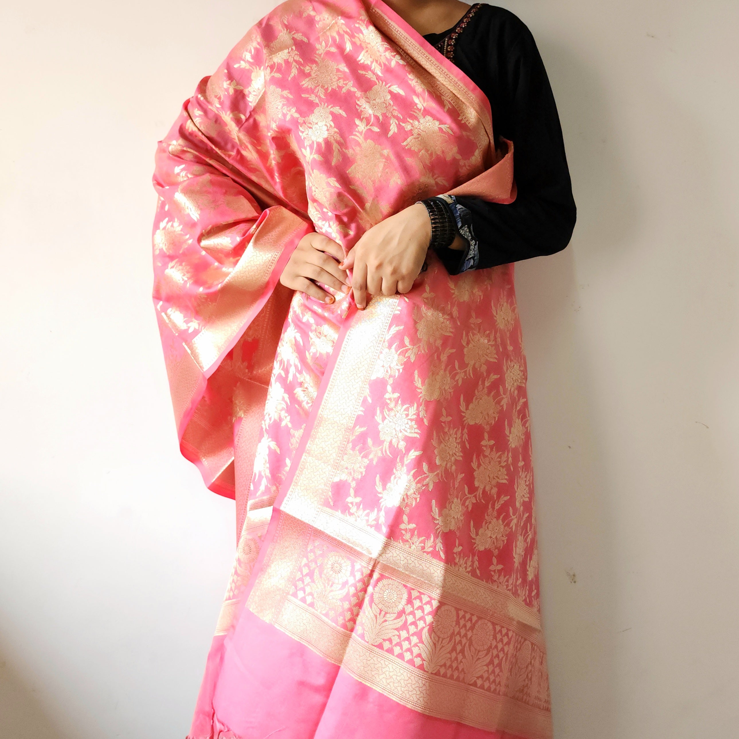 Cerise Pink Banarasi Dupatta - Floral Brocade Zari