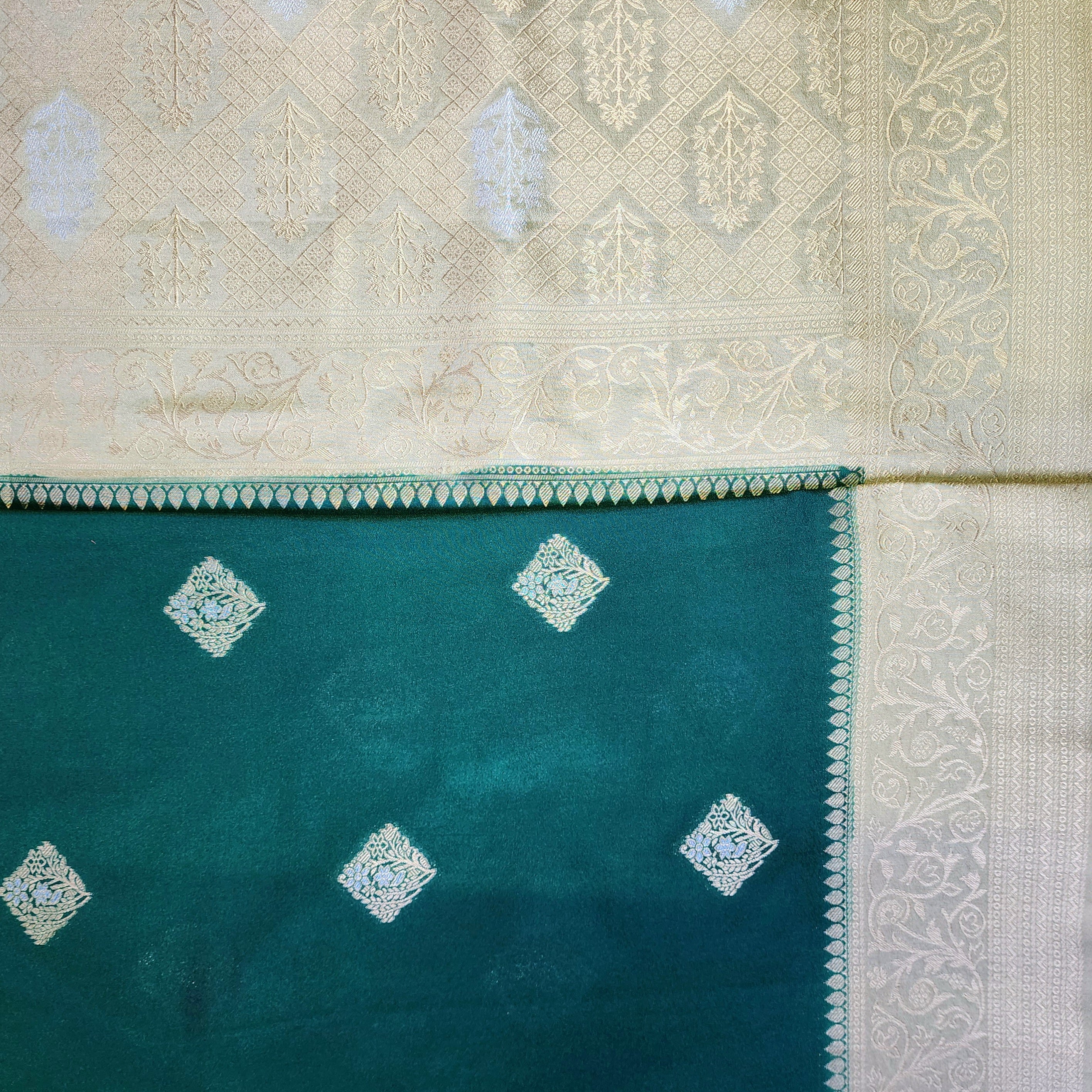 Bottle Green Crepe Georgette Silk Saree with Soft Champagne Gold Zari Border