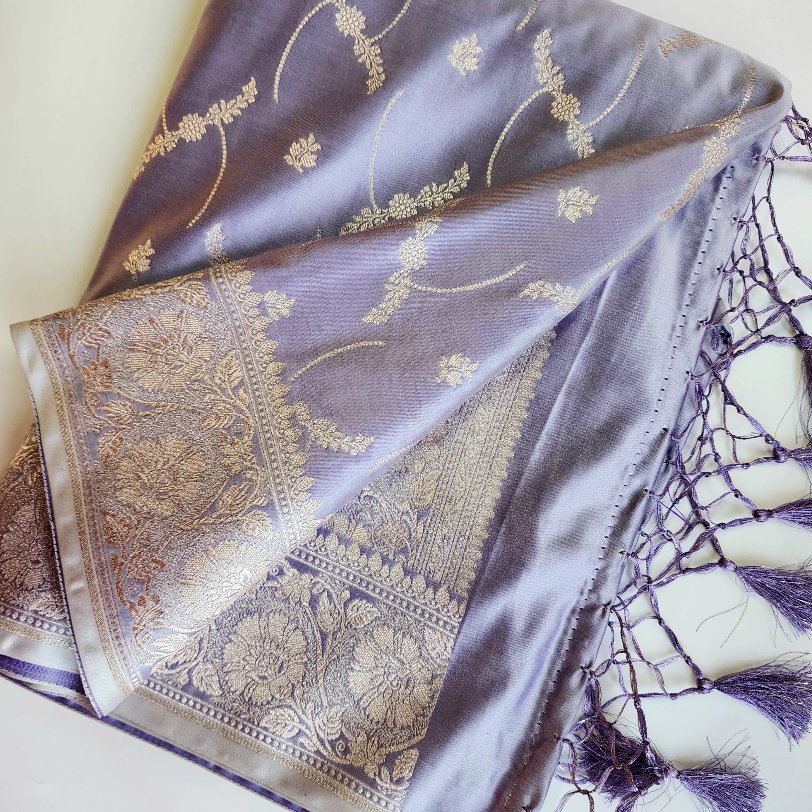 Pastel Lilac Banarasi Katan Silk Saree with Light Gold Zari weaving