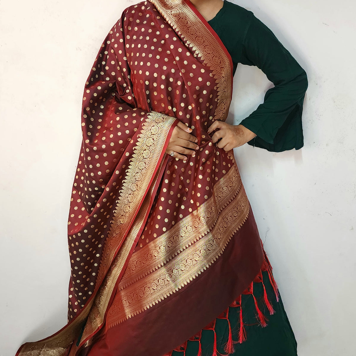 Burgundy Banarasi Silk Dupatta with Gold Polka Dot
