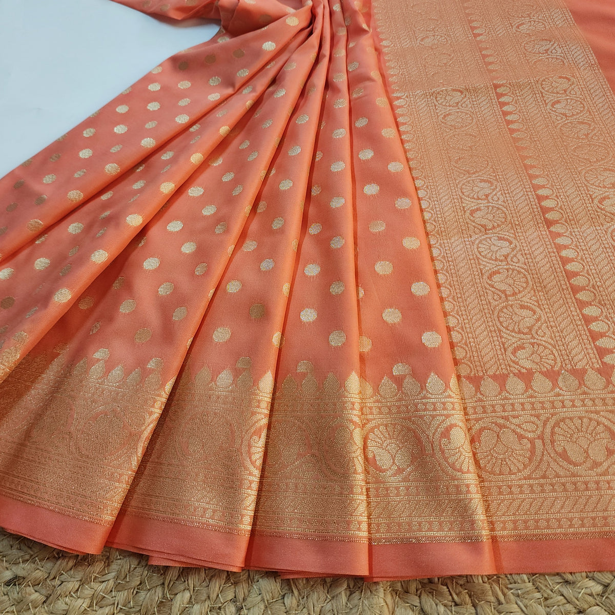 Coral Peach Banarasi Silk Dupatta with Gold Polka Dot