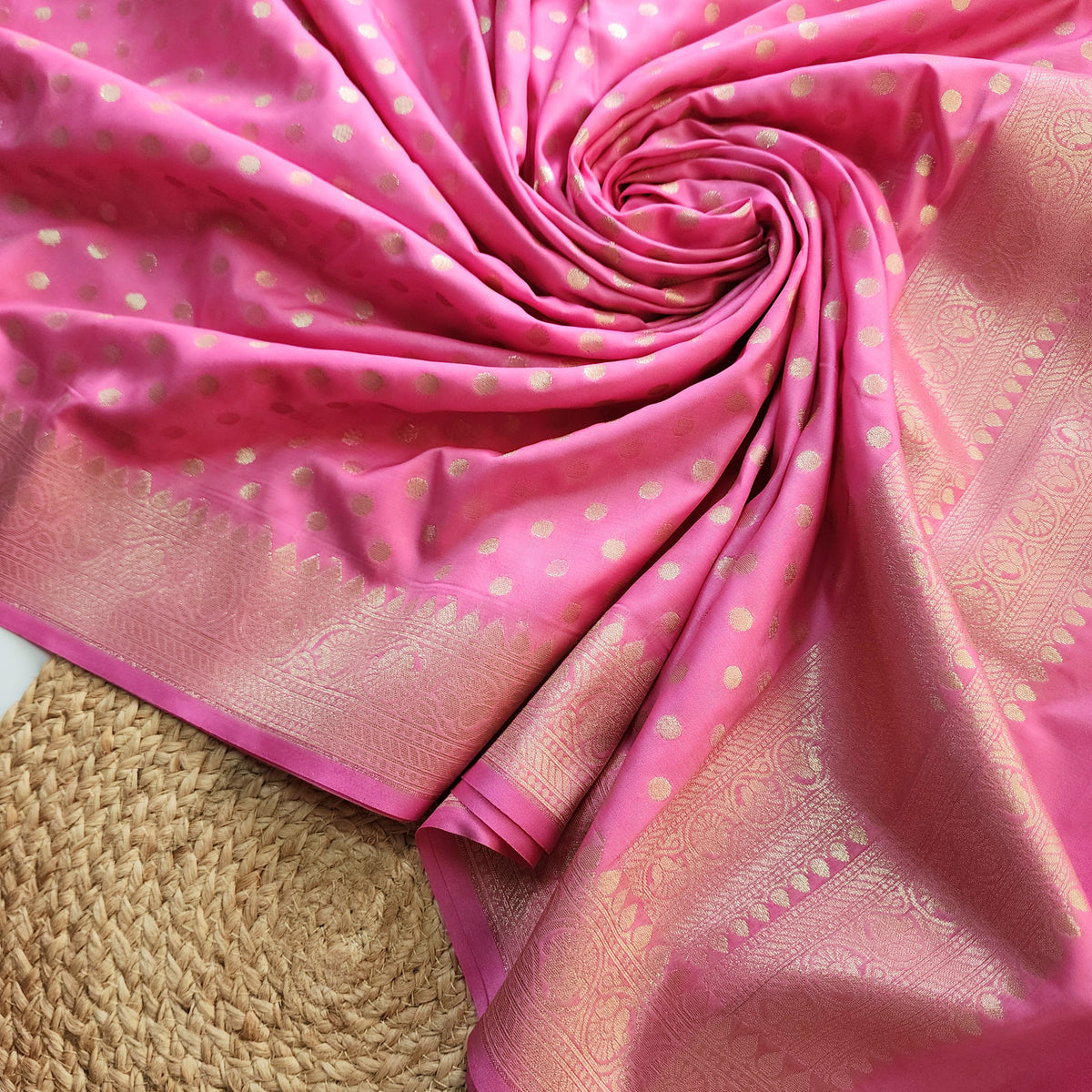 Rani Pink Banarasi Silk Dupatta with Gold Polka Dot