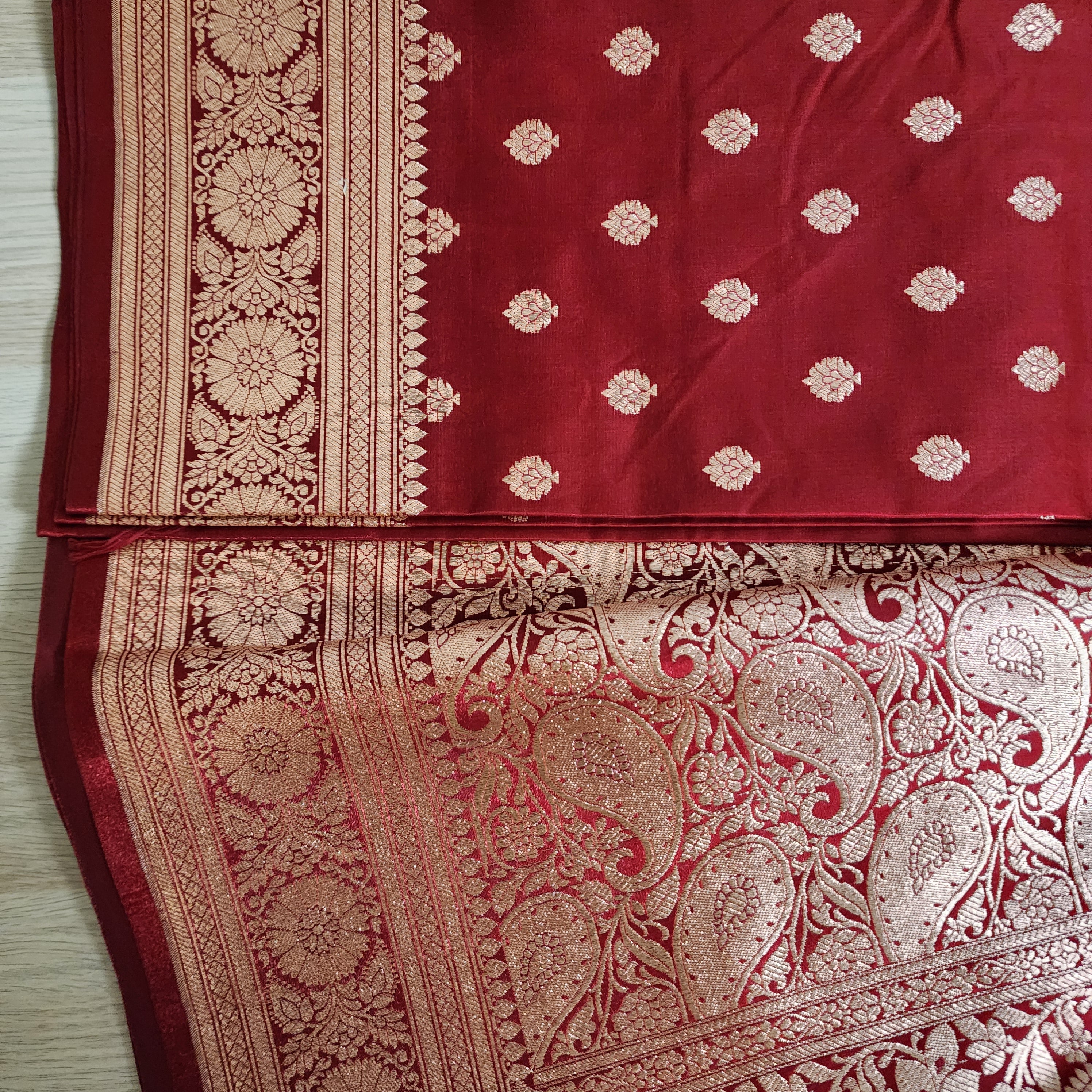 Royal Maroon Red Banarasi Silk Saree with Golden Zari Weave