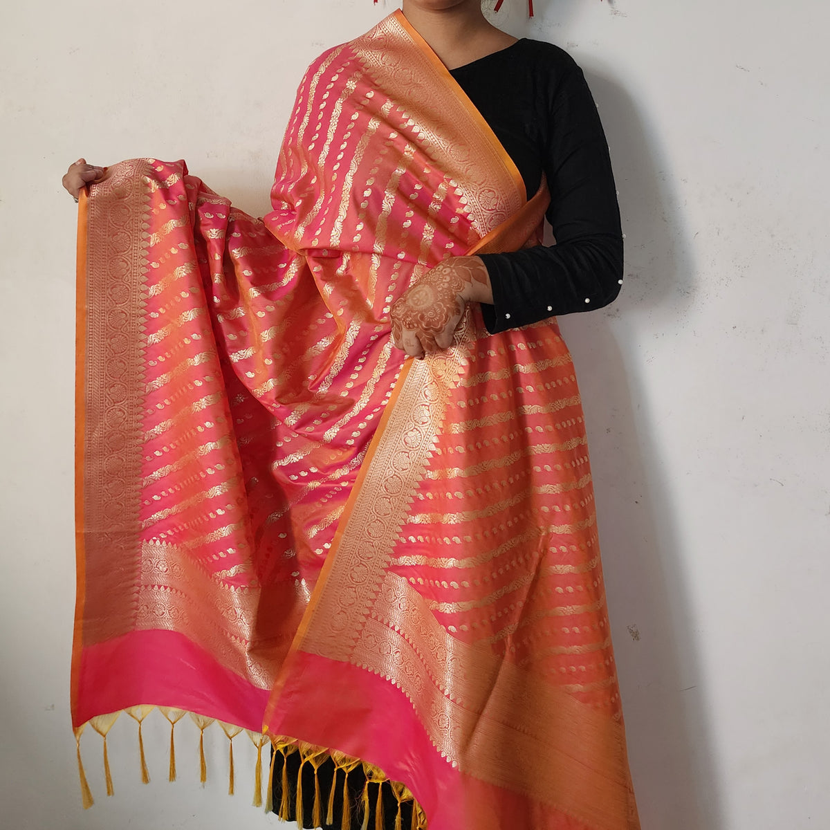 Peach Orange - Banarasi Leheriya Style Dupatta