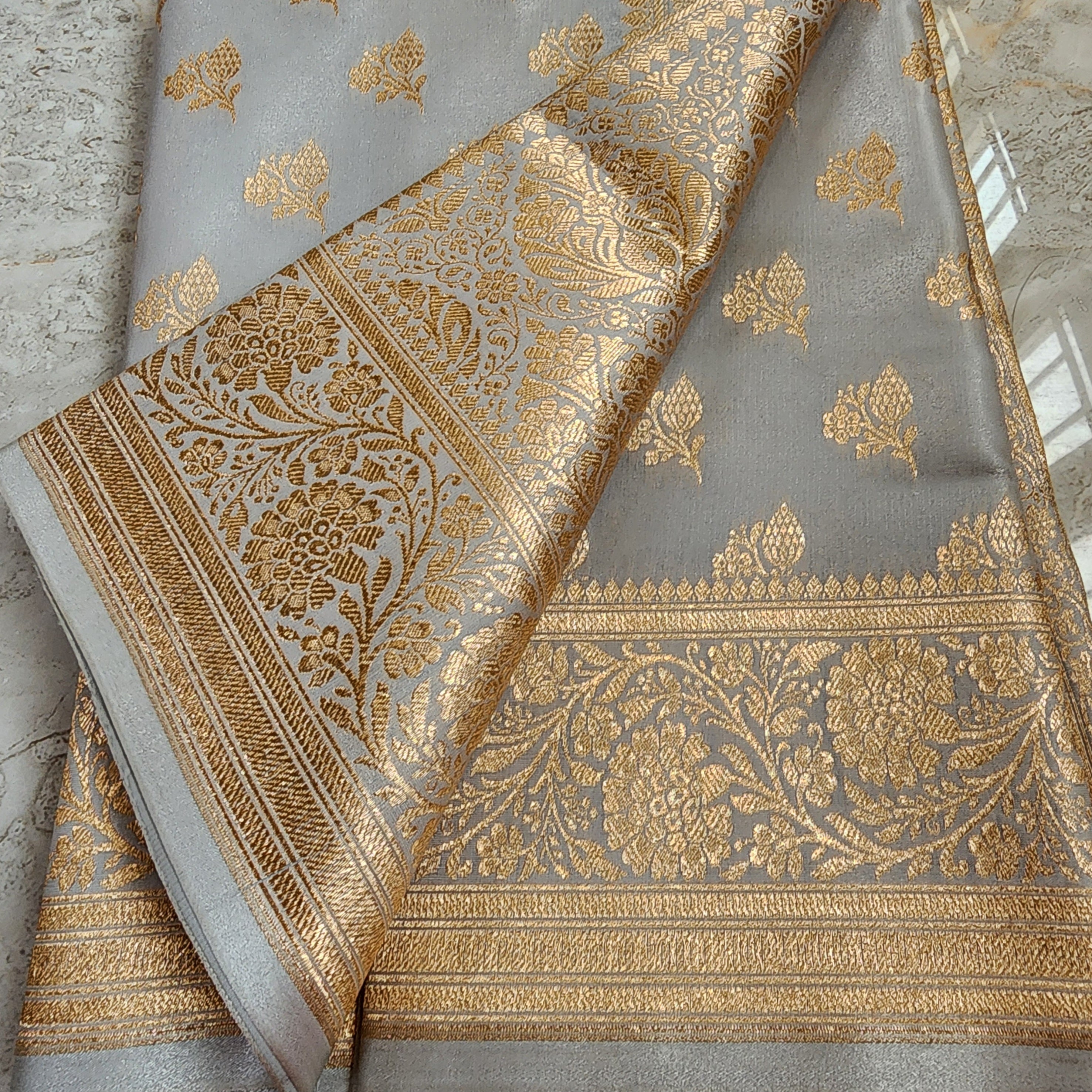Rich Silver Grey Banarasi Silk Saree with Gold Zari Weaving