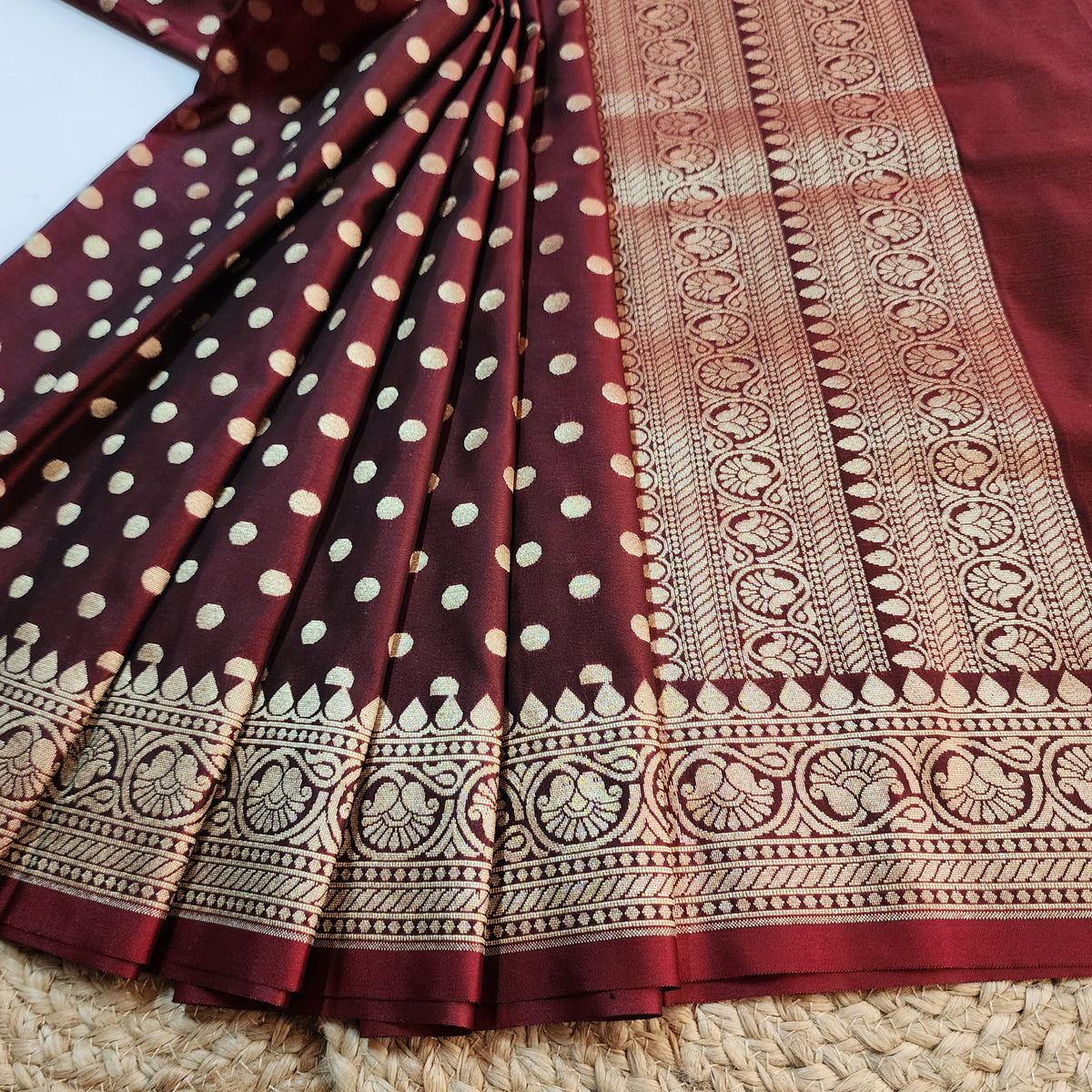 Burgundy Banarasi Silk Dupatta with Gold Polka Dot