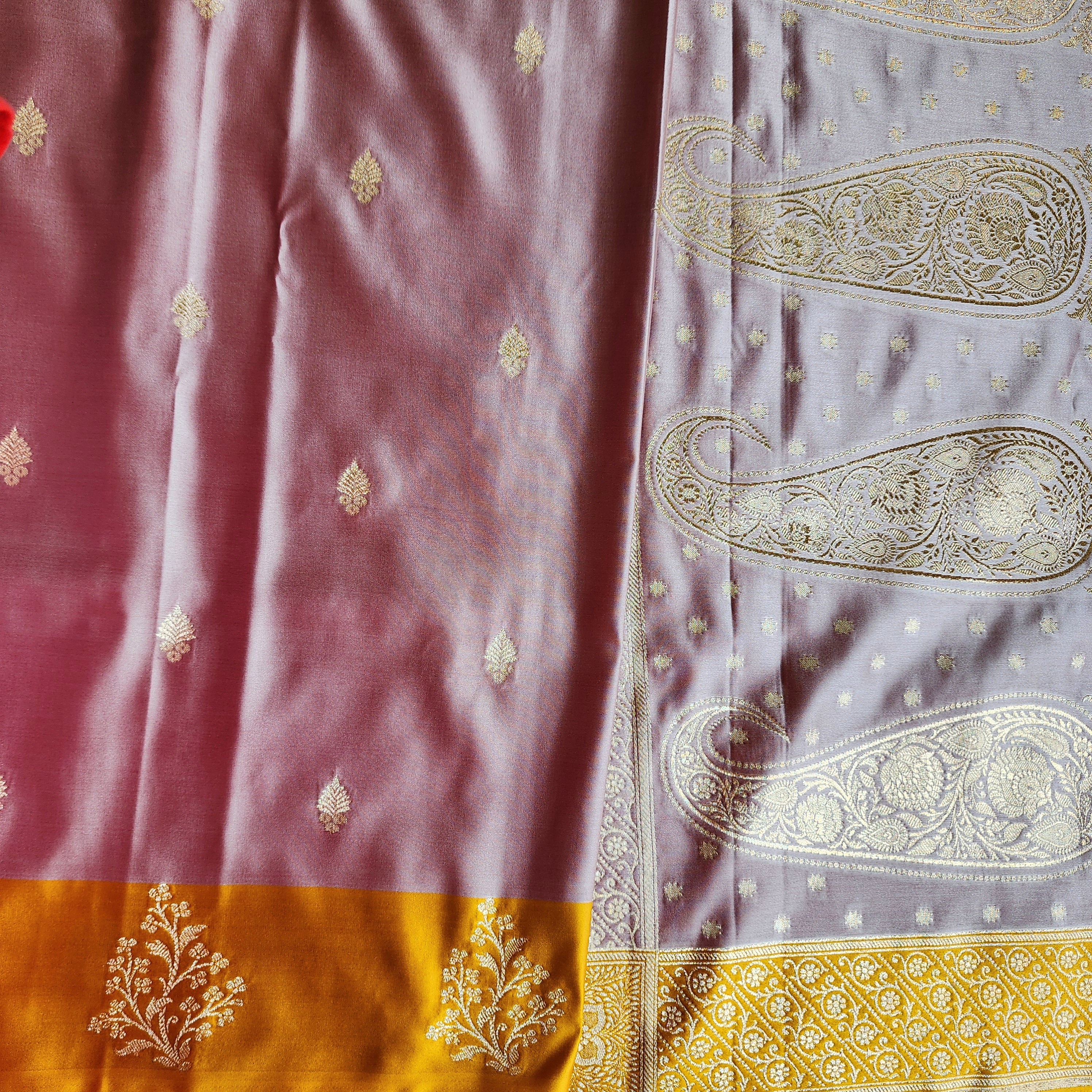 Dusty Rose Katan Silk Saree with Mustard Yellow Gold Zari Border