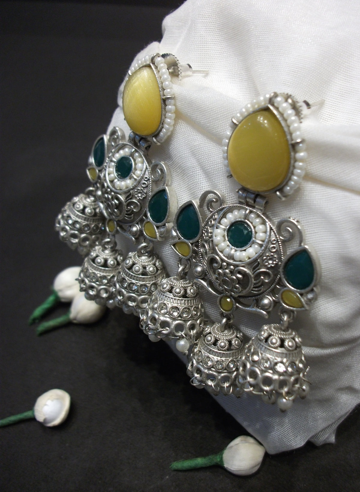 Antique Silver Yellow Teardrop Earrings