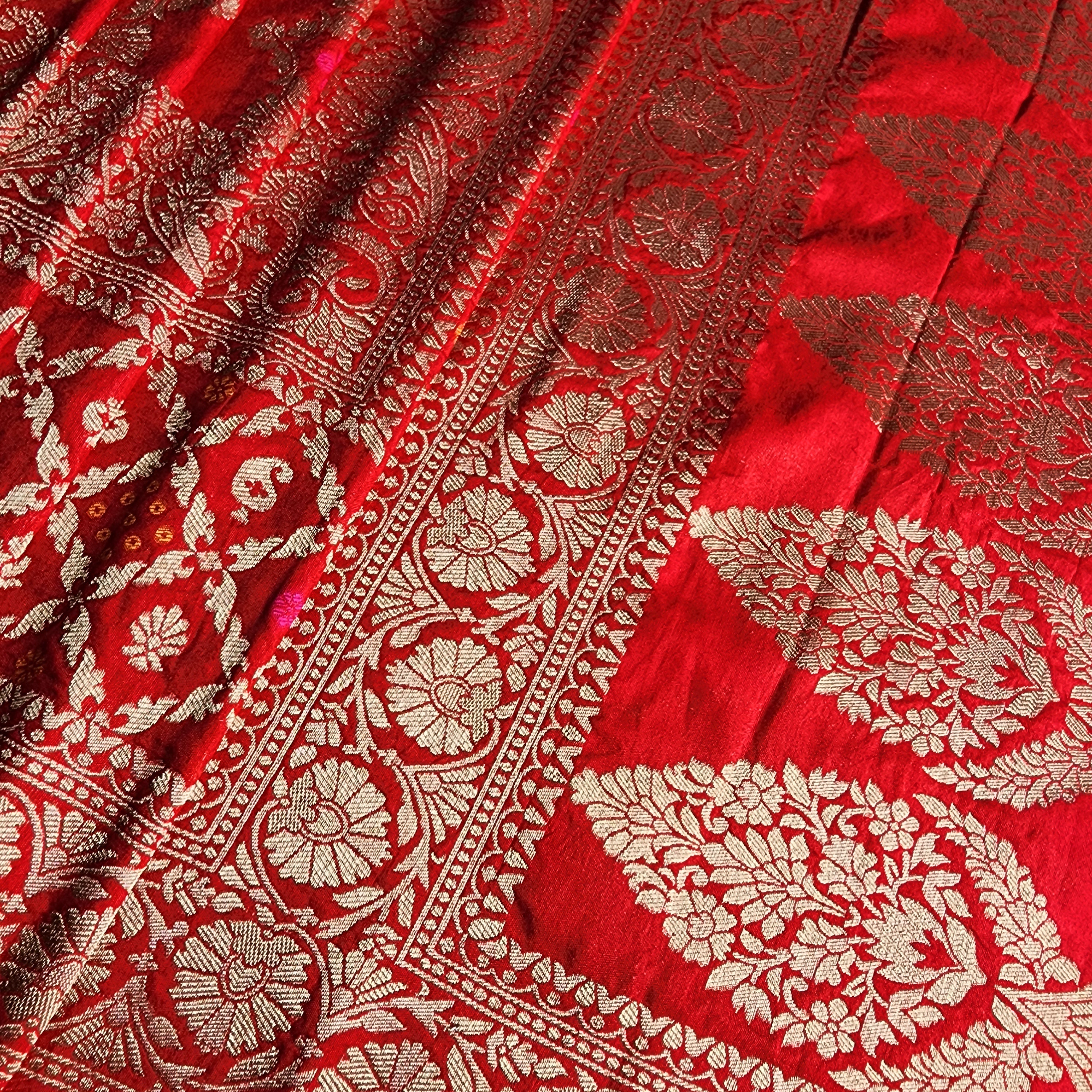 Deep Ruby Red Bandhani Dupatta with Floral and Geometric Zari Weave
