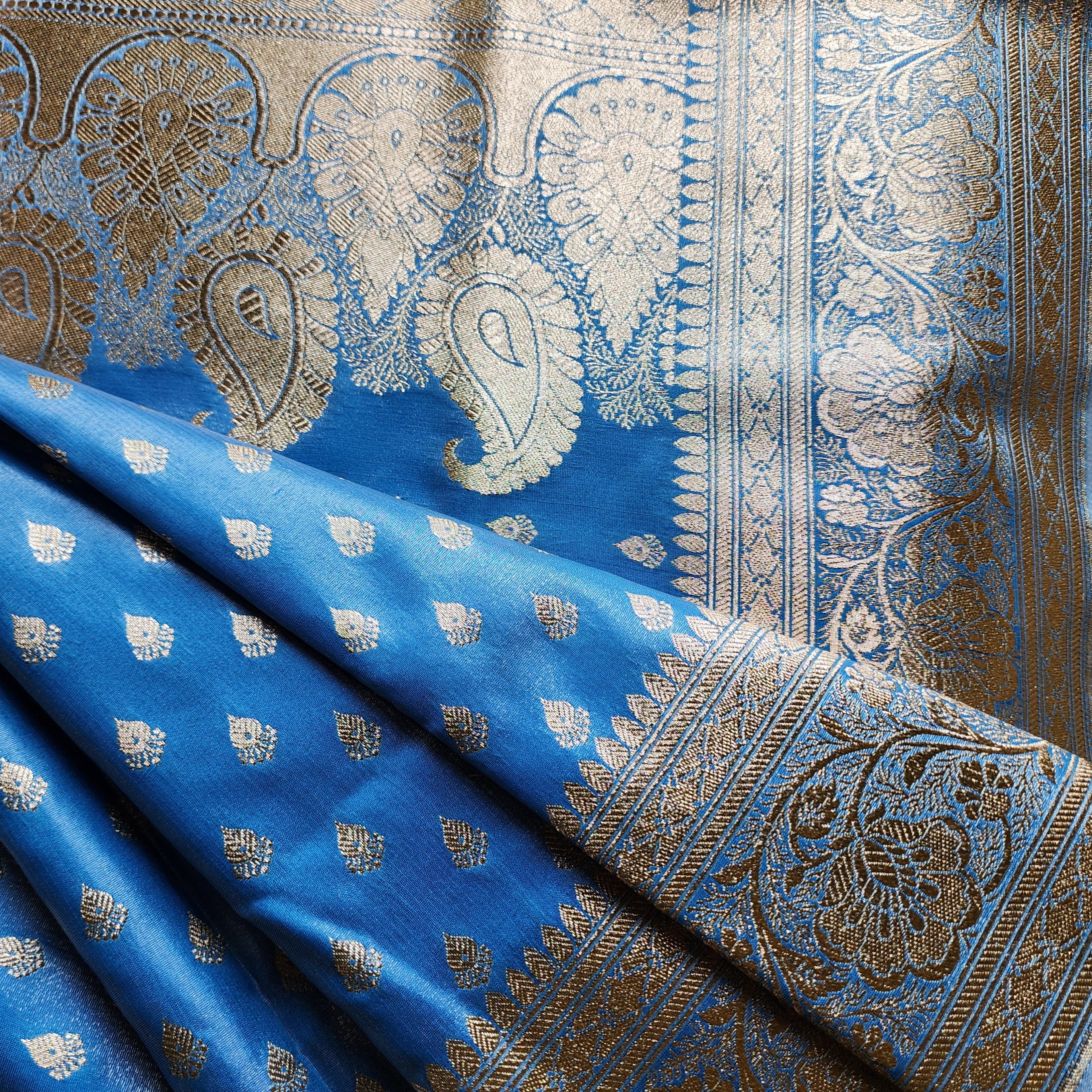 Rich Electric Blue Banarasi Silk Saree with Gold Zari Weaving