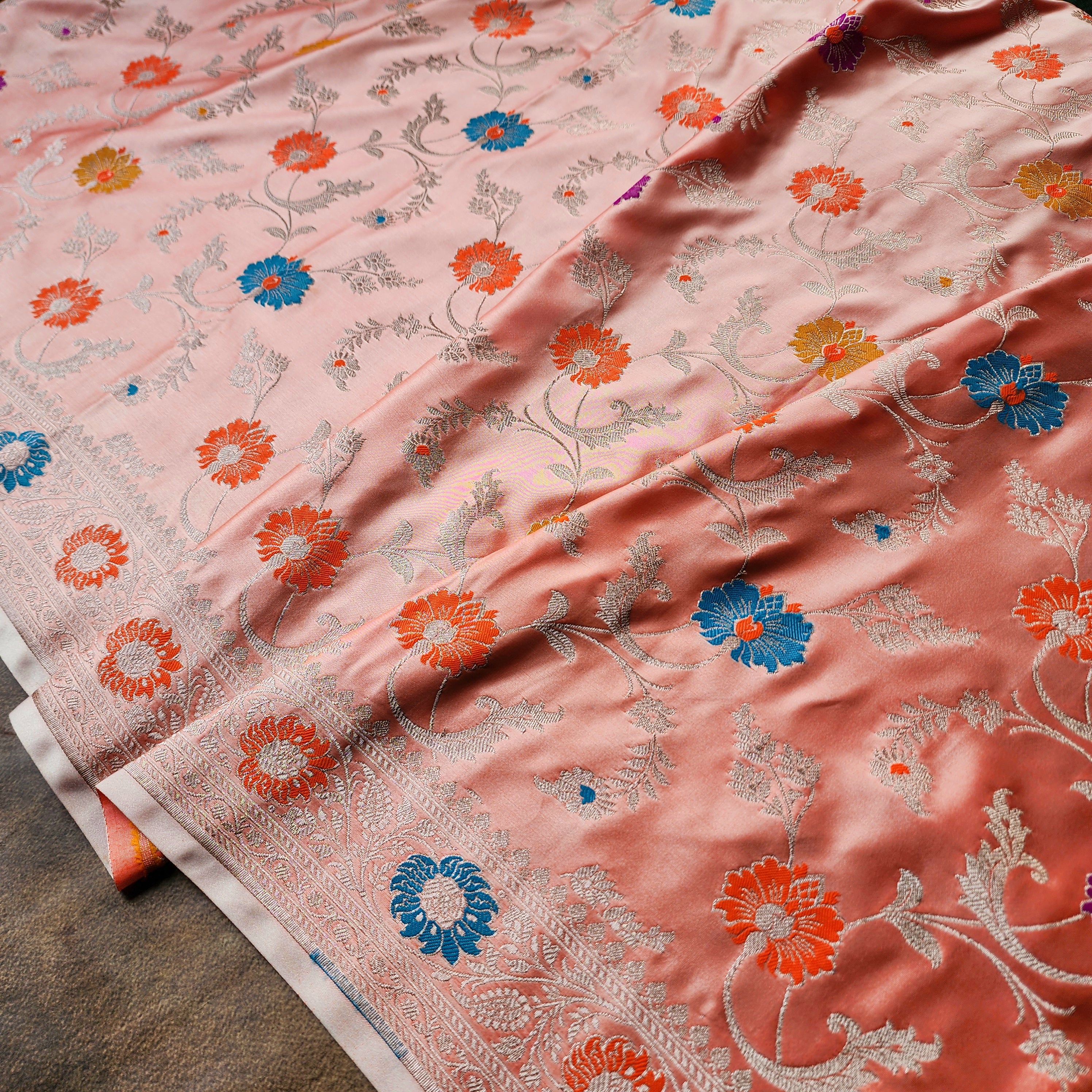 Enriched Banarasi Katan Silk Saree | Peach Multicolor Meenakari Floral Jaal