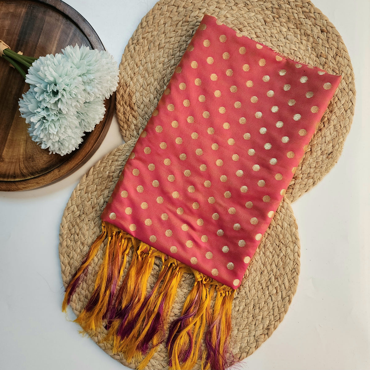 Coral Red Banarasi Silk Dupatta with Gold Polka Dot