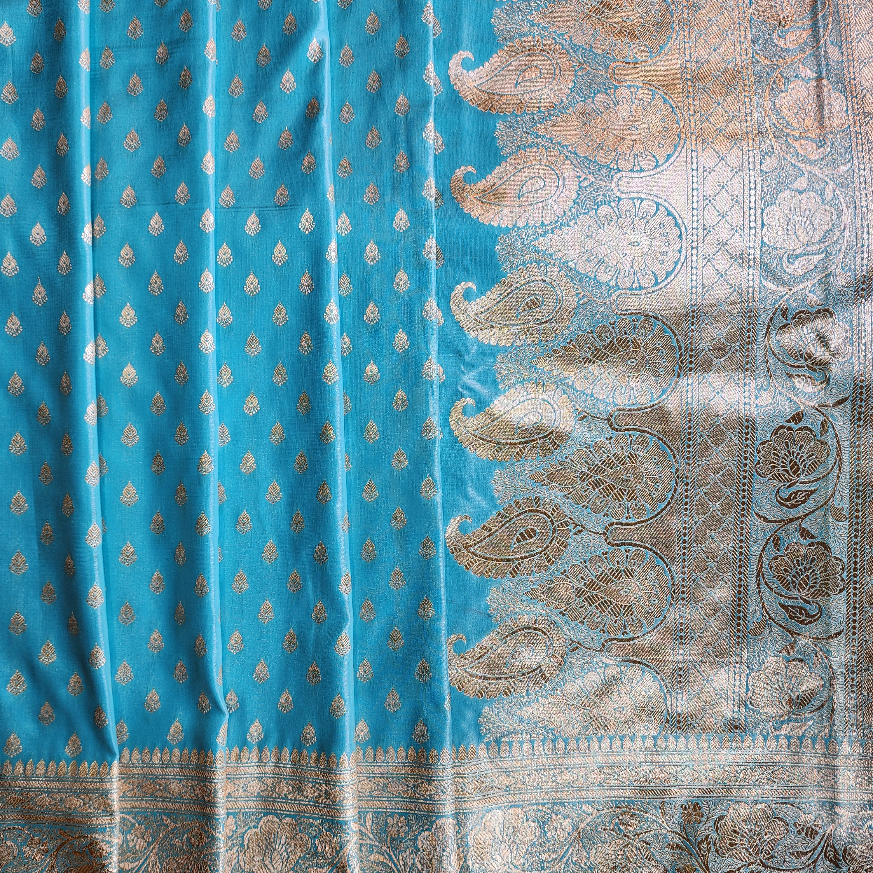Rich Sky Blue Banarasi Silk Saree with Gold Zari Weaving