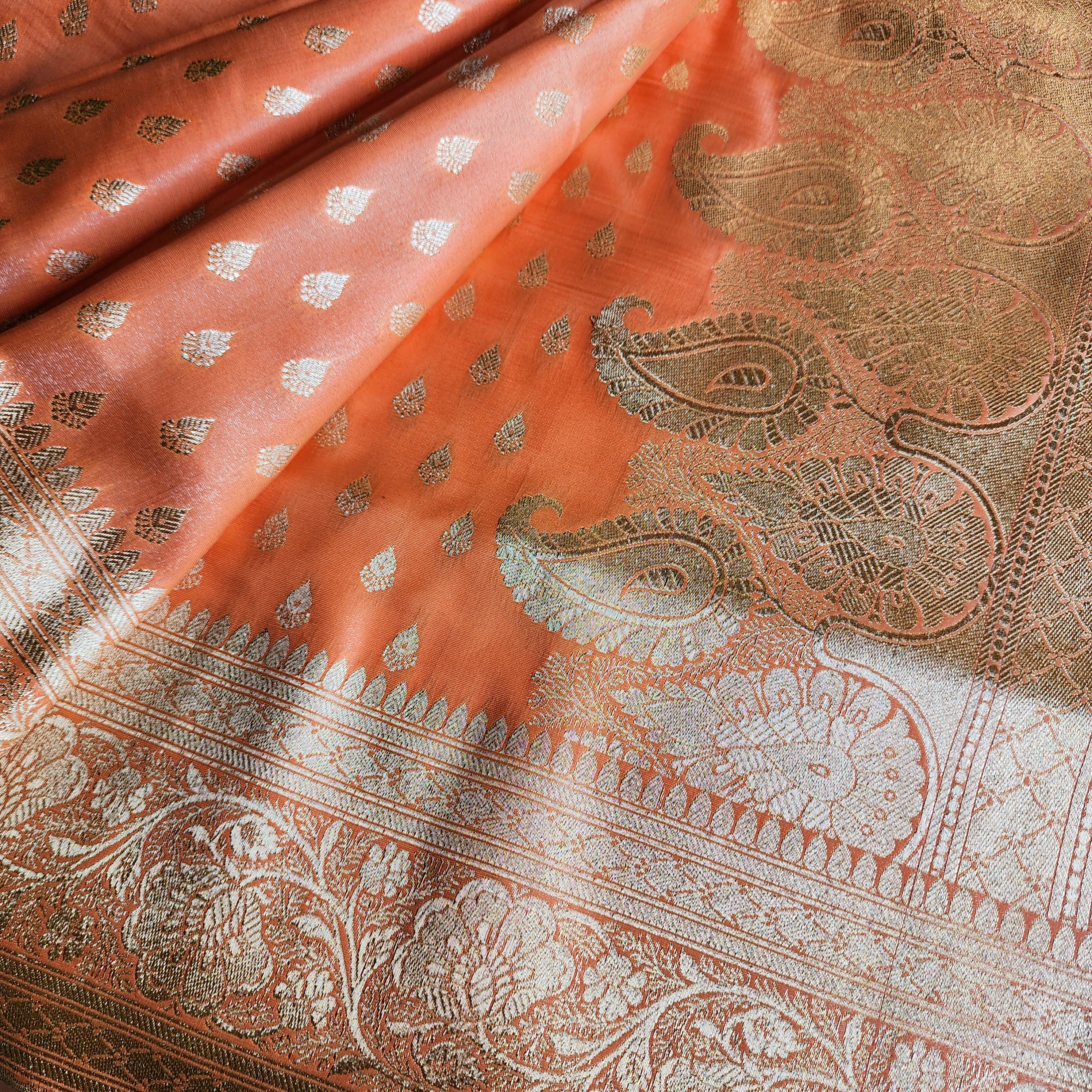 Rich Burnt Orange Banarasi Silk Saree with Gold Zari Weaving