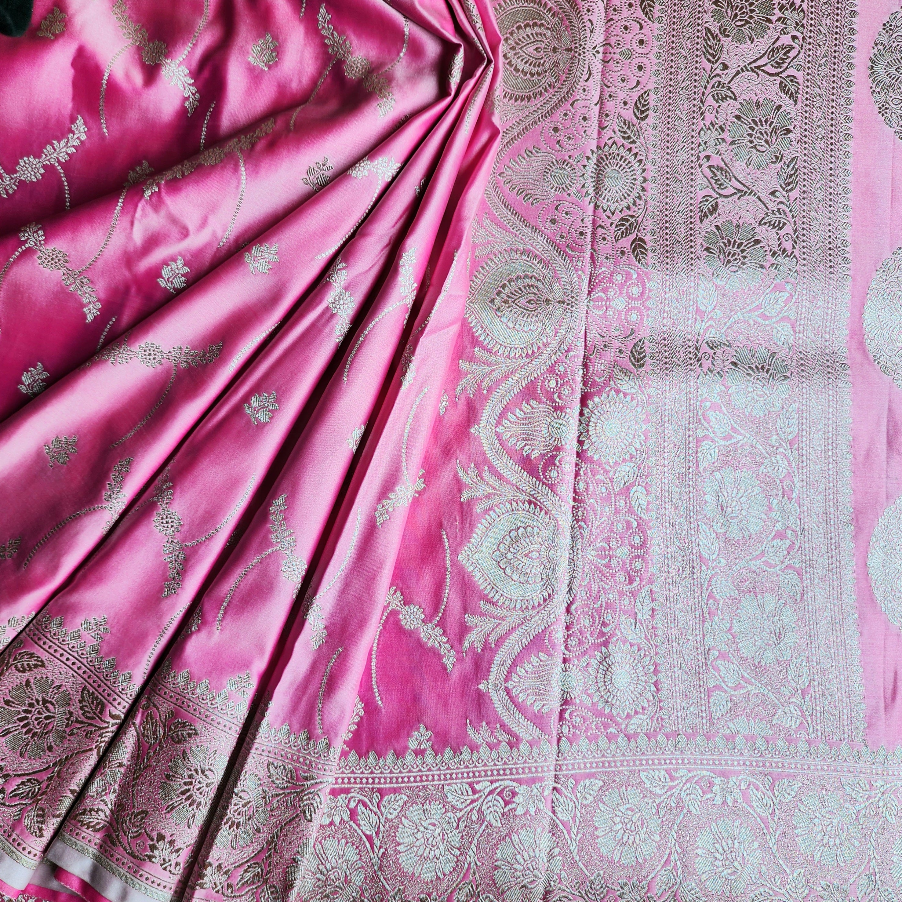 Pastel Candy Pink Banarasi Katan Silk Saree with Light Gold Zari weaving