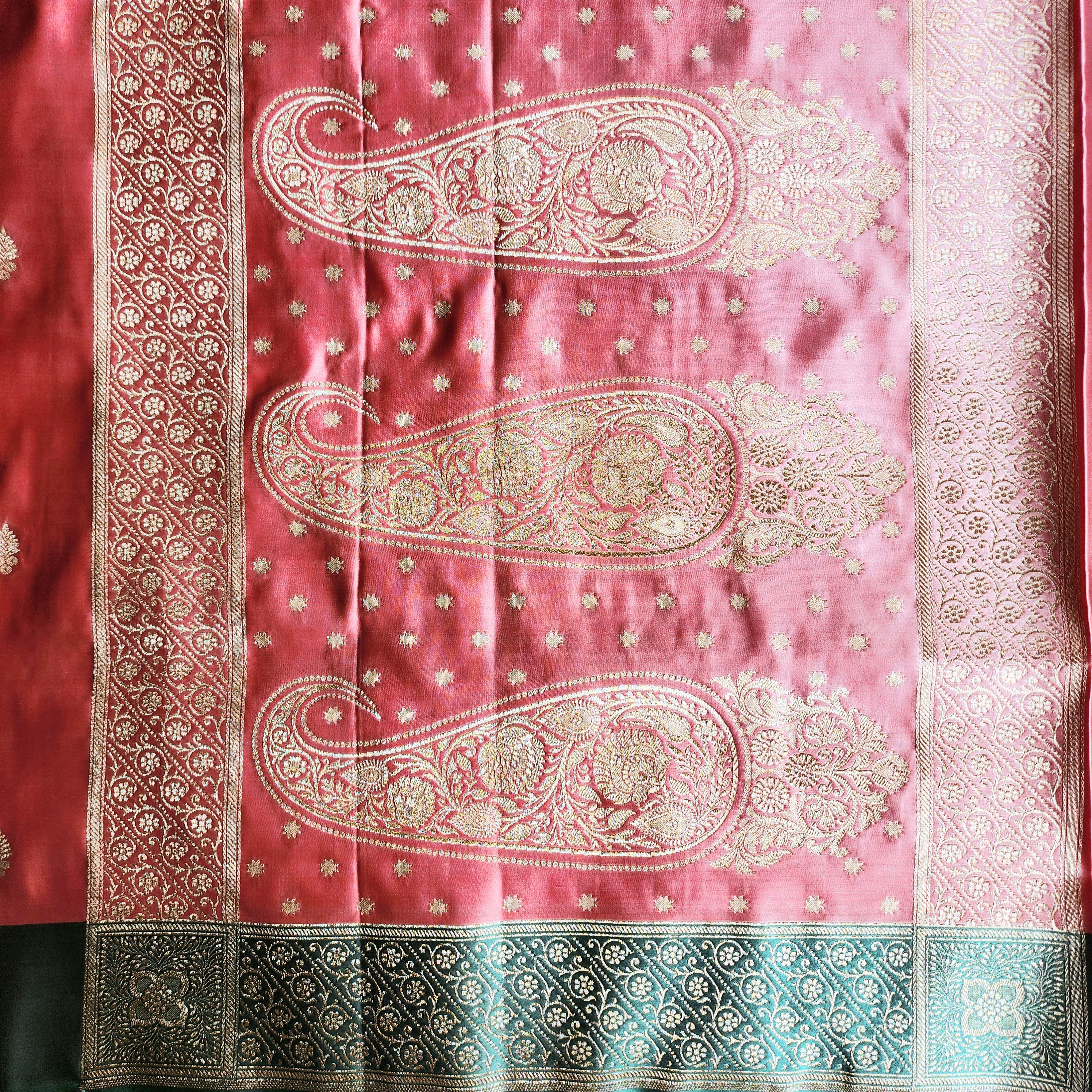 Rose Pink Katan Silk Saree with Teal Blue Gold Zari Border