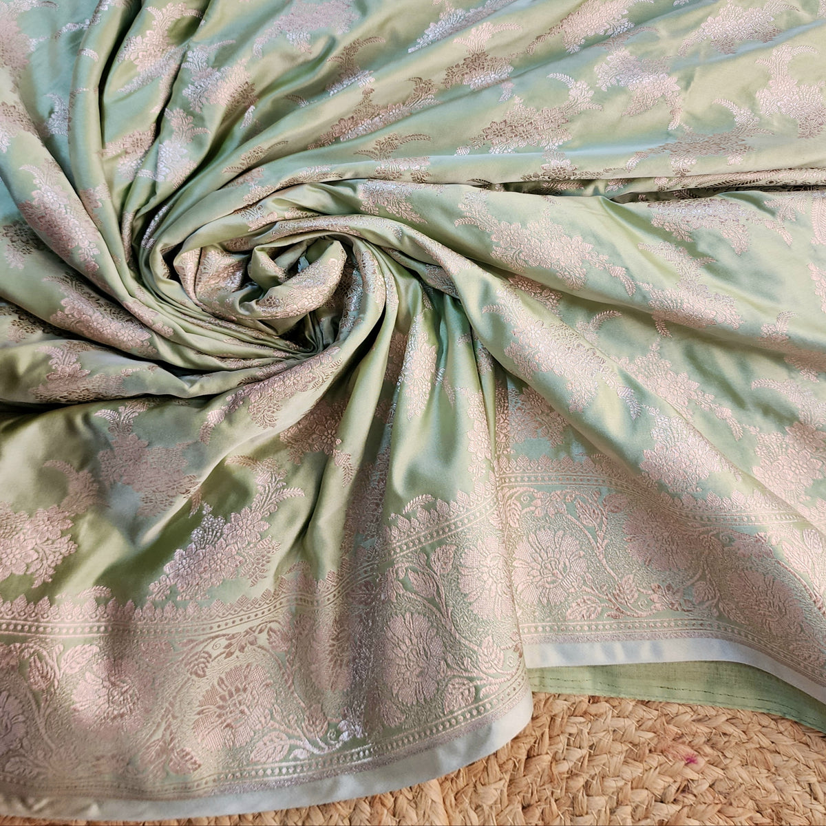 Olive Green Banarasi Katan Silk Saree with Floral Vine Jaal