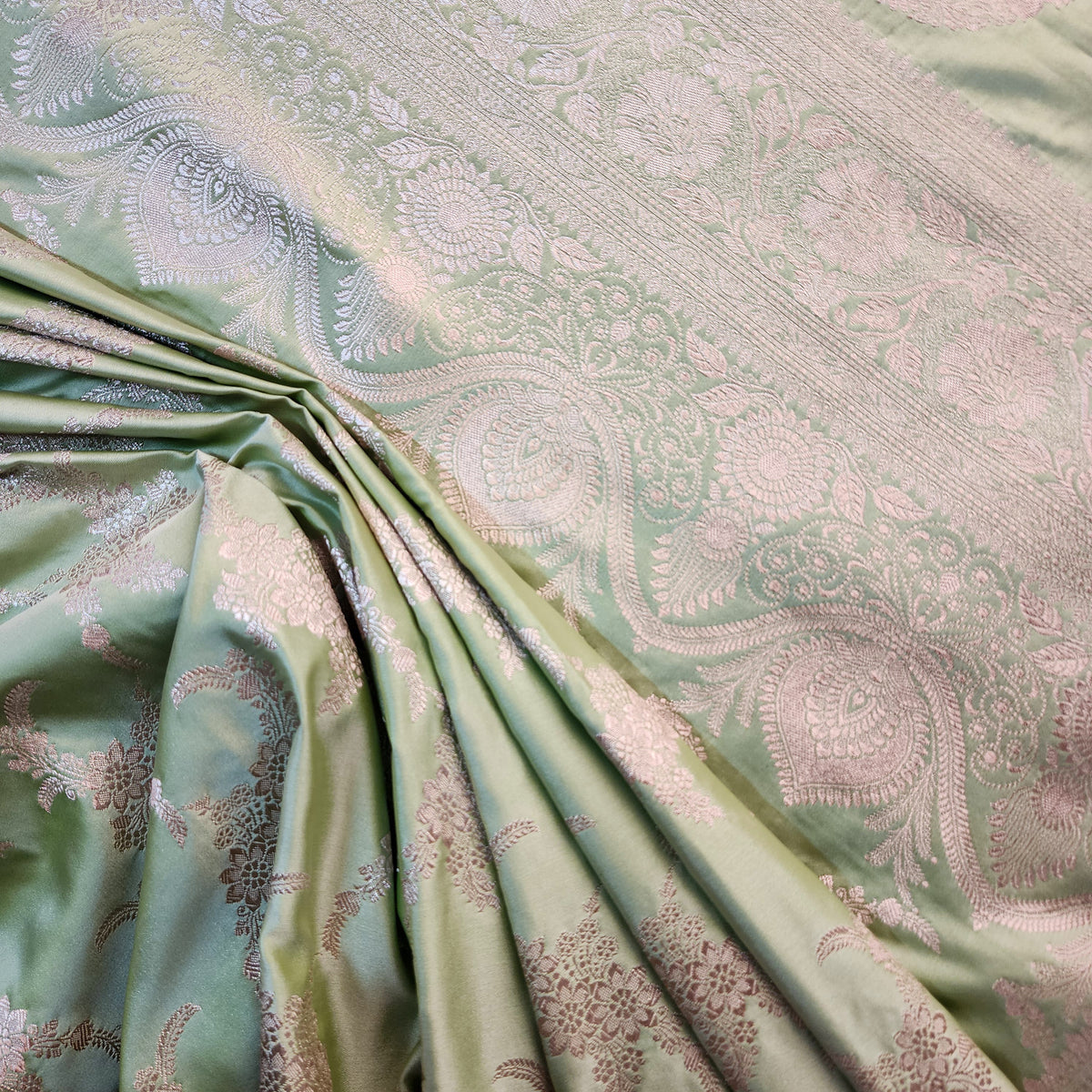 Olive Green Banarasi Katan Silk Saree with Floral Vine Jaal