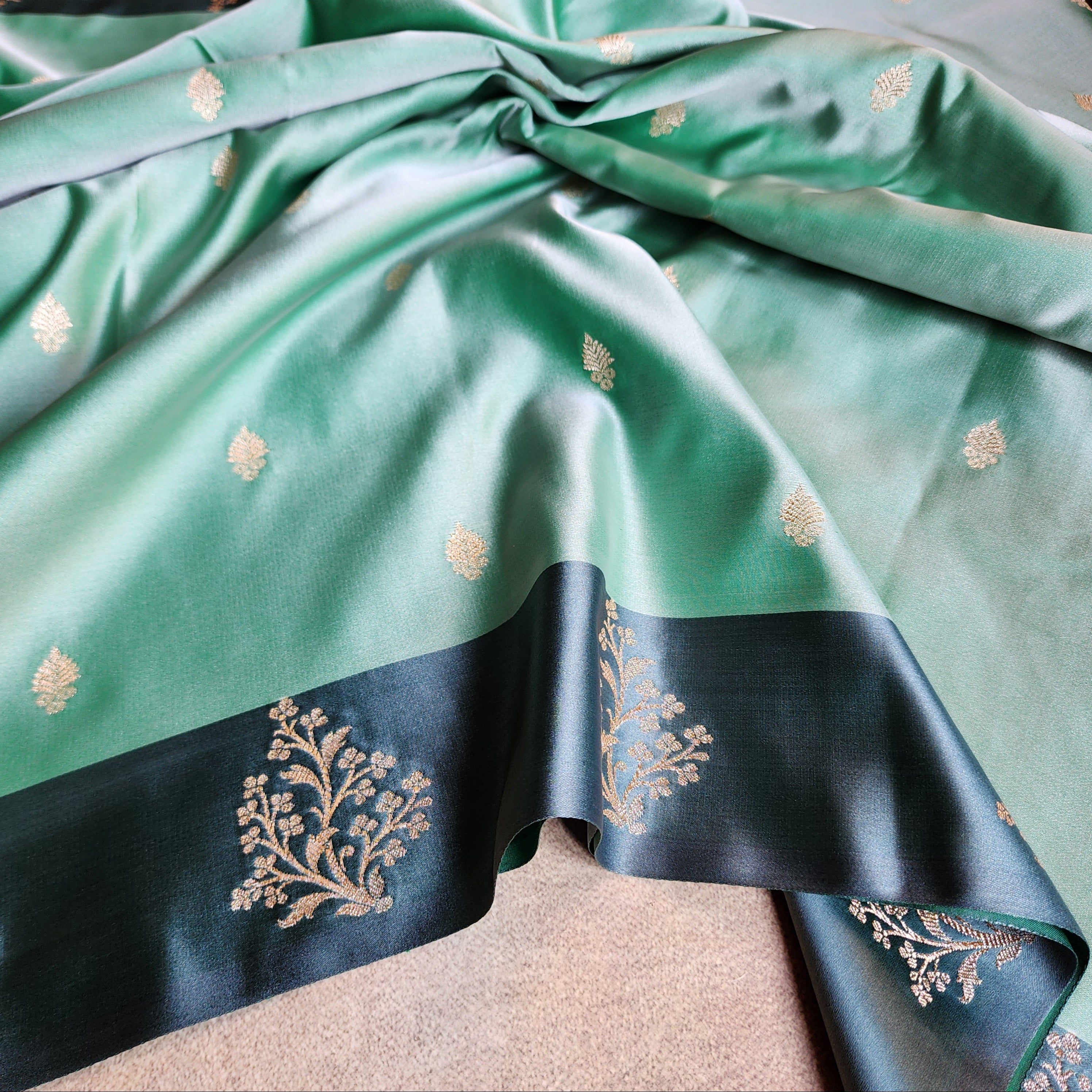 Sea Green Katan Silk Saree with Peacock Green Gold Zari Border